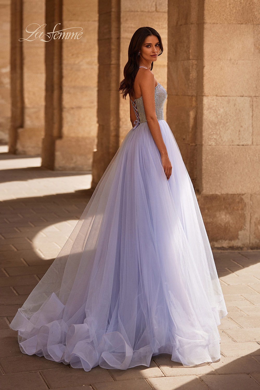 La Femme 32633 prom dress images.  La Femme 32633 is available in these colors: Light Periwinkle.