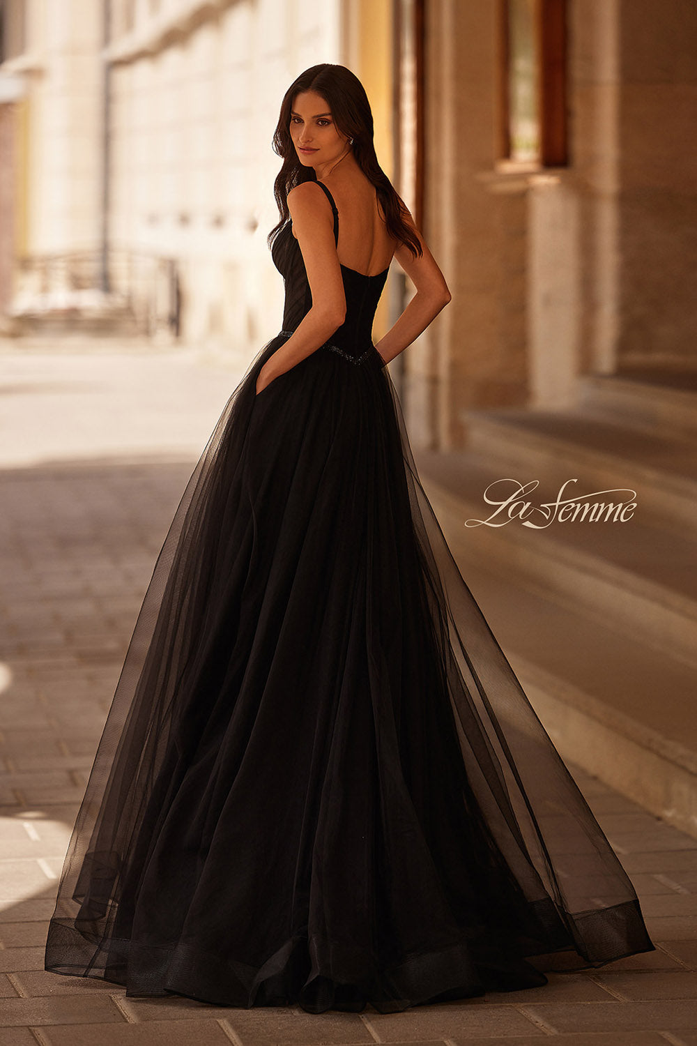 La Femme 32656 prom dress images.  La Femme 32656 is available in these colors: Black, Royal Blue.