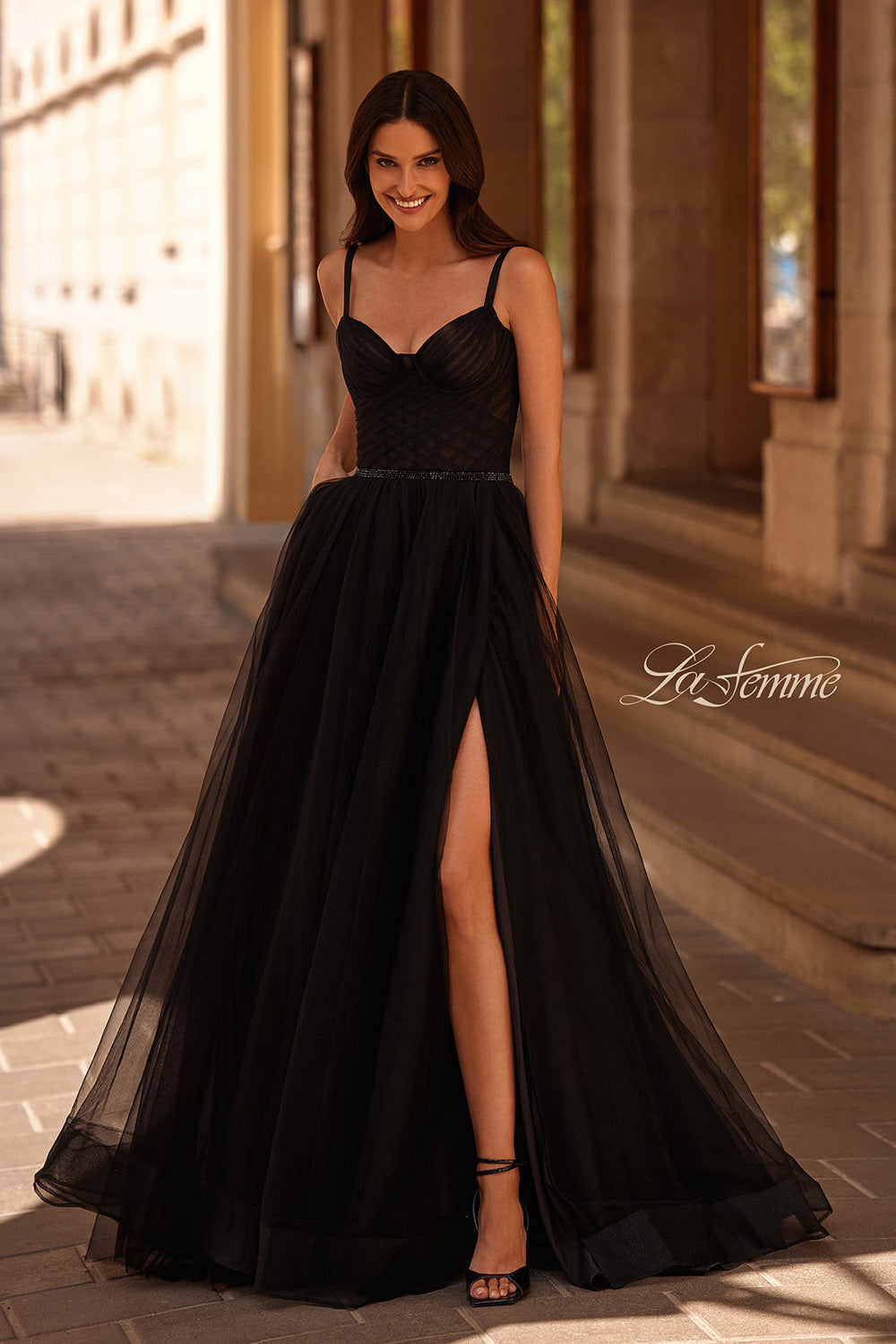 La Femme 32656 prom dress images.  La Femme 32656 is available in these colors: Black, Royal Blue.