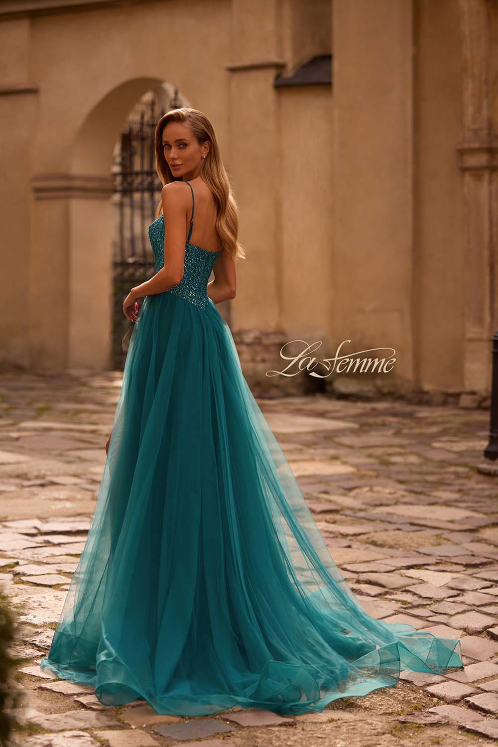 La Femme 32668 prom dress images.  La Femme 32668 is available in these colors: Dark Berry, Dark Teal, Hot Fuchsia, Royal Blue.