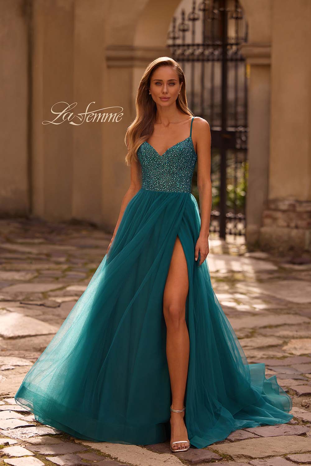 La Femme 32668 prom dress images.  La Femme 32668 is available in these colors: Dark Berry, Dark Teal, Hot Fuchsia, Royal Blue.