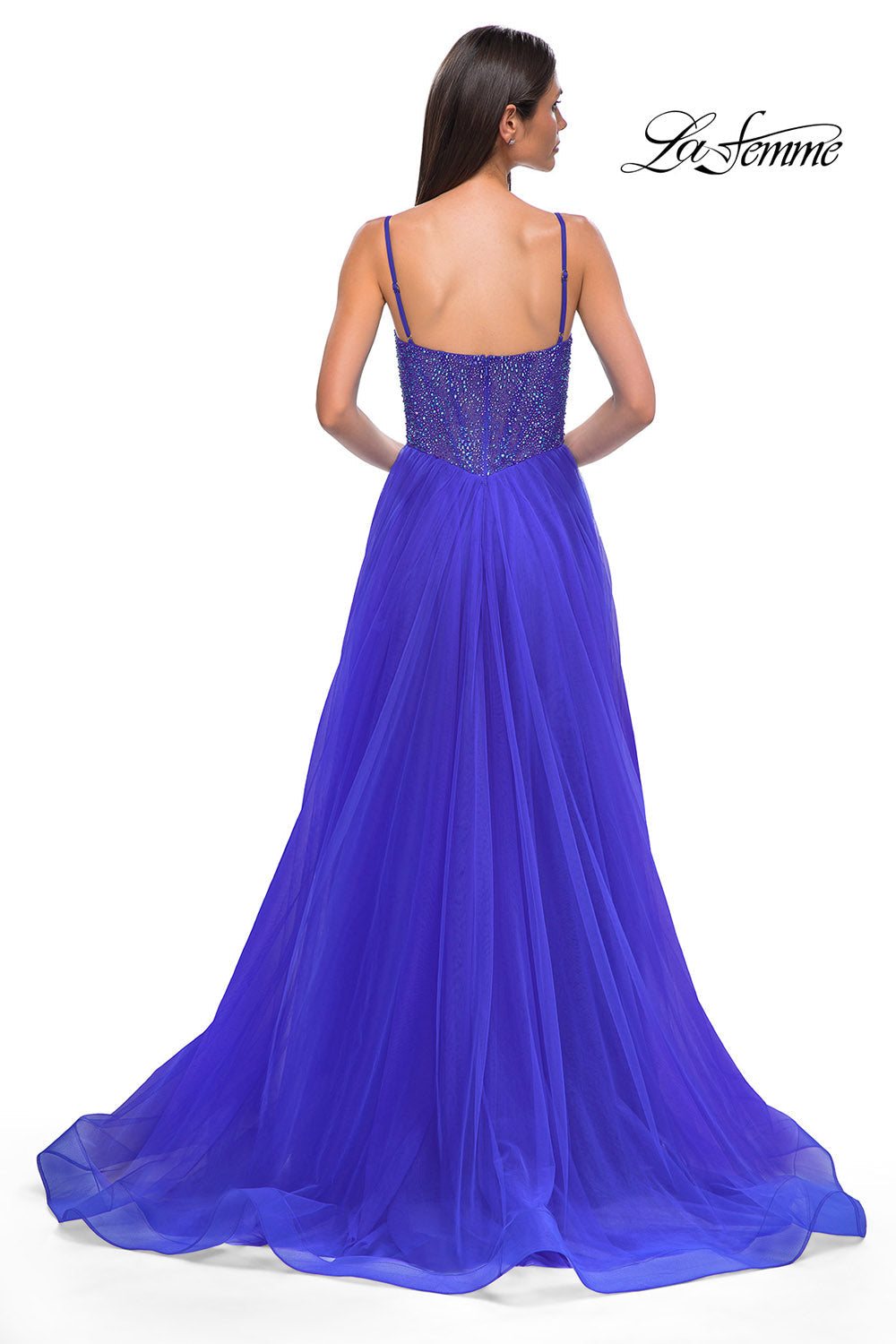 La Femme 32668 prom dress images.  La Femme 32668 is available in these colors: Dark Berry, Dark Teal, Hot Fuchsia, Royal Blue.