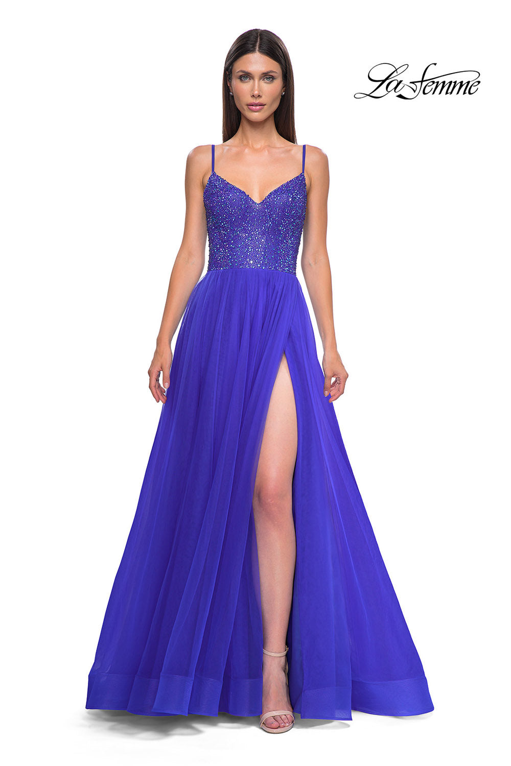 La Femme 32668 prom dress images.  La Femme 32668 is available in these colors: Dark Berry, Dark Teal, Hot Fuchsia, Royal Blue.