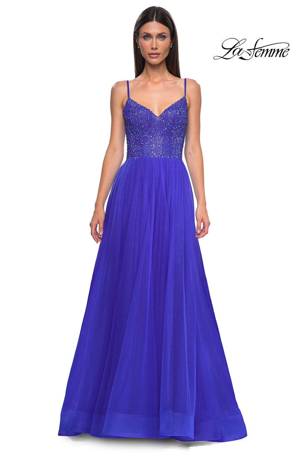 La Femme 32668 prom dress images.  La Femme 32668 is available in these colors: Dark Berry, Dark Teal, Hot Fuchsia, Royal Blue.