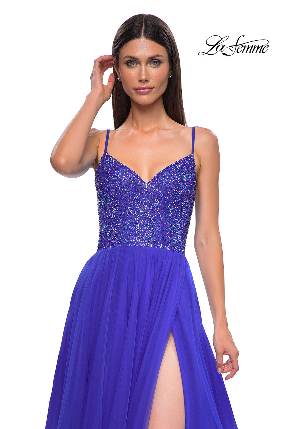 La Femme 32668 prom dress images.  La Femme 32668 is available in these colors: Dark Berry, Dark Teal, Hot Fuchsia, Royal Blue.