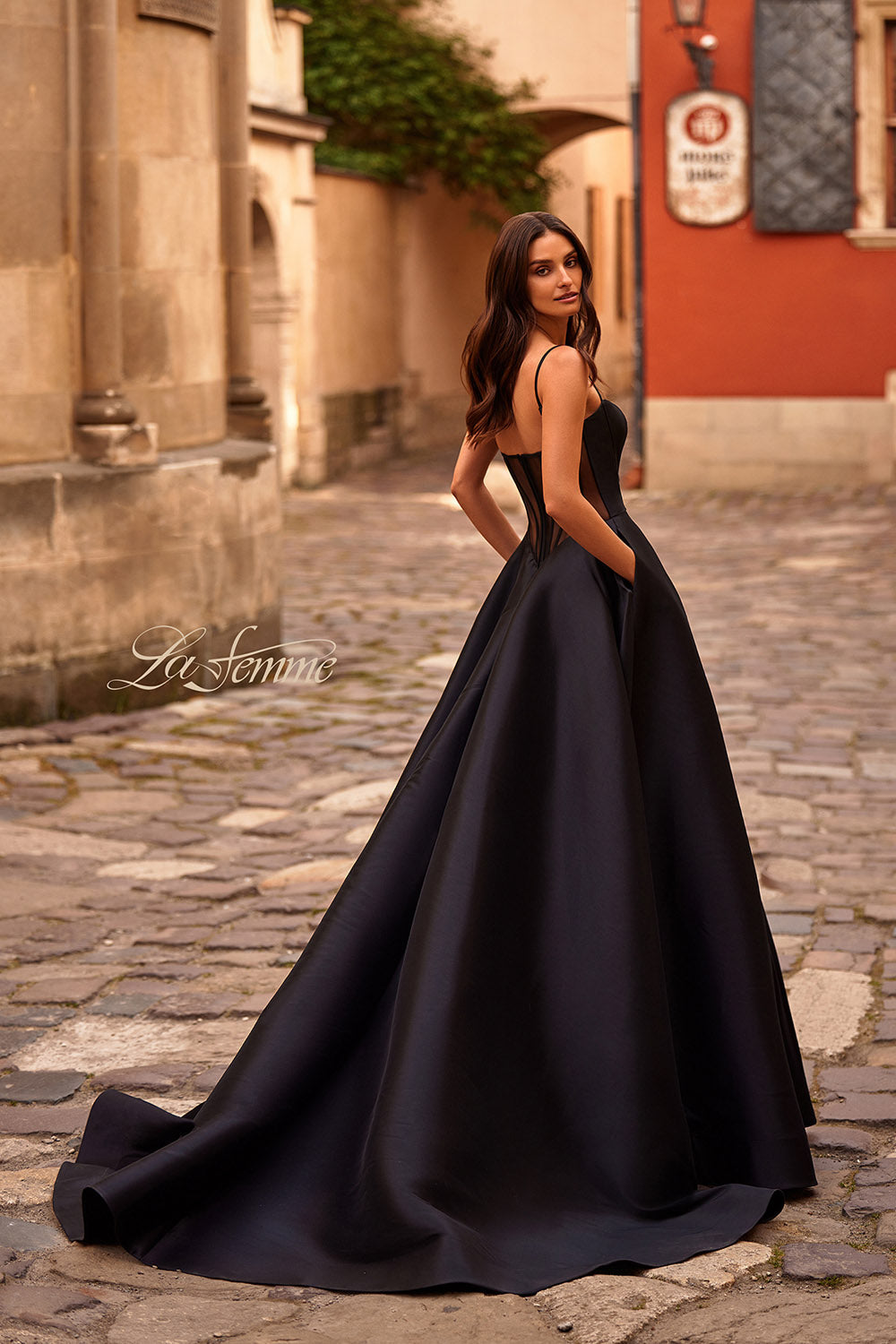 La Femme 32670 prom dress images.  La Femme 32670 is available in these colors: Black, Wine.