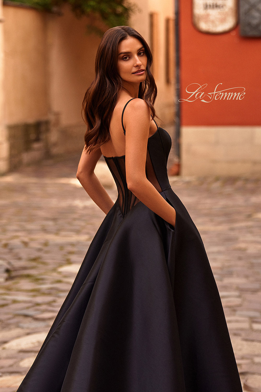 La Femme 32670 prom dress images.  La Femme 32670 is available in these colors: Black, Wine.