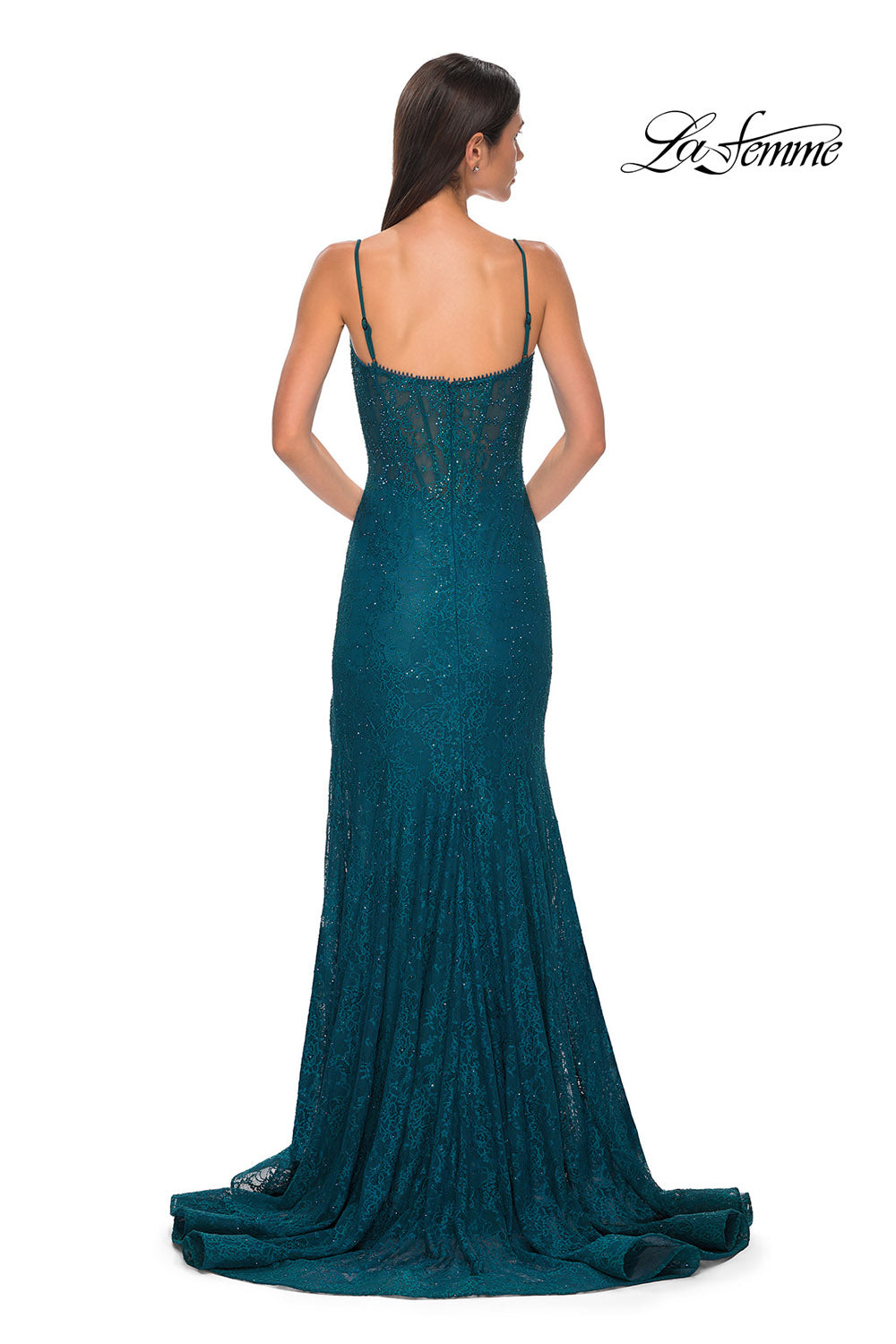 La Femme 32671 prom dress images.  La Femme 32671 is available in these colors: Black, Bright Orange, Dark Berry, Dark Teal, Light Periwinkle.