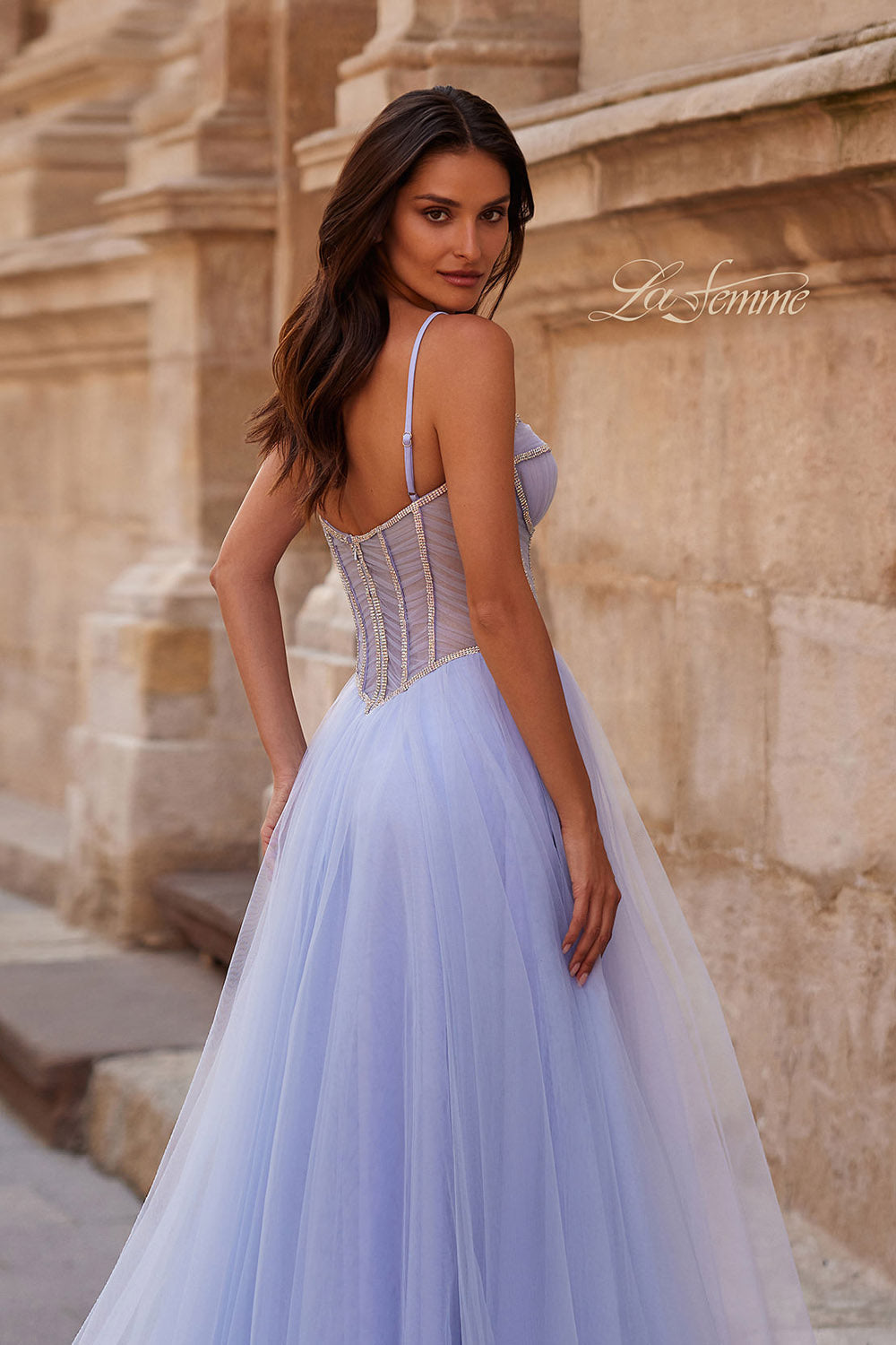 La Femme 32675 prom dress images.  La Femme 32675 is available in these colors: Black, Blush, Light Periwinkle, Pale Yellow.