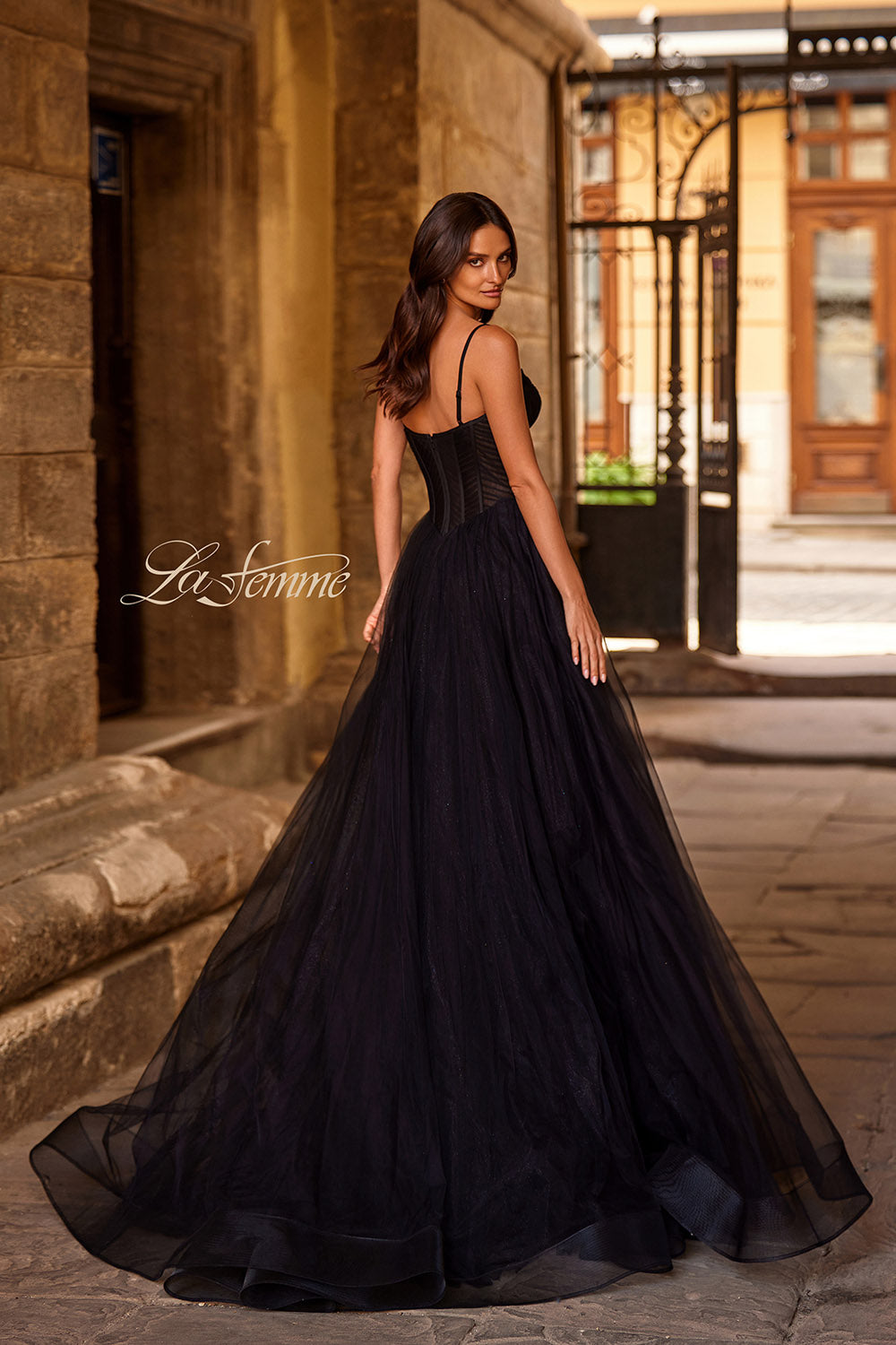 La Femme 32680 prom dress images.  La Femme 32680 is available in these colors: Black, Dark Teal, Red.