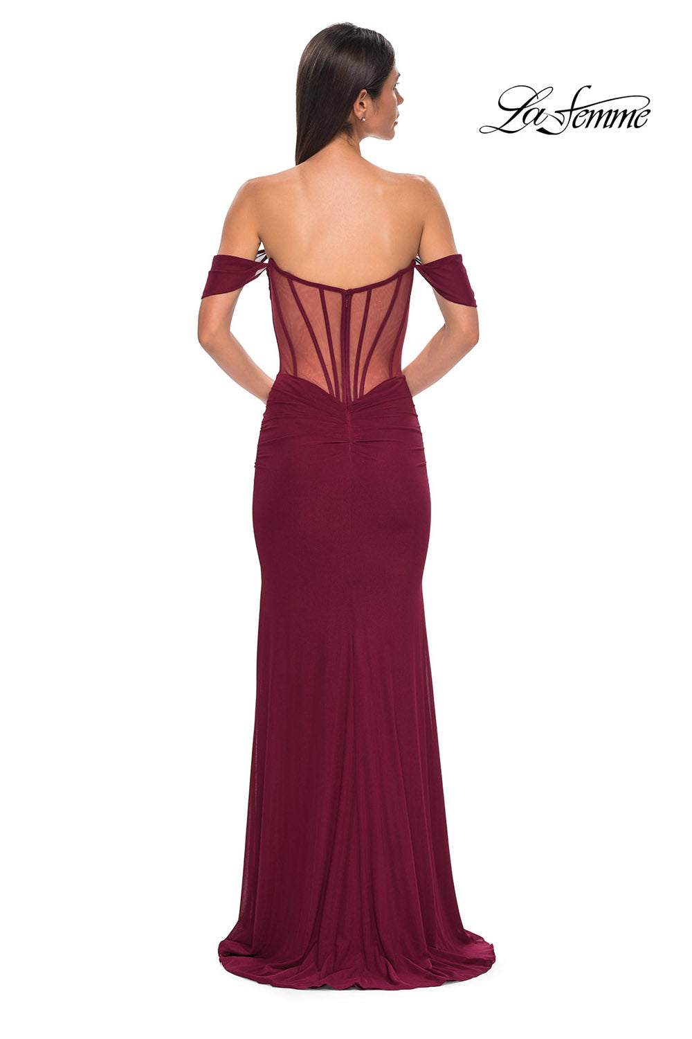 La Femme 32684 prom dress images.  La Femme 32684 is available in these colors: Black, Dark Berry, Emerald.