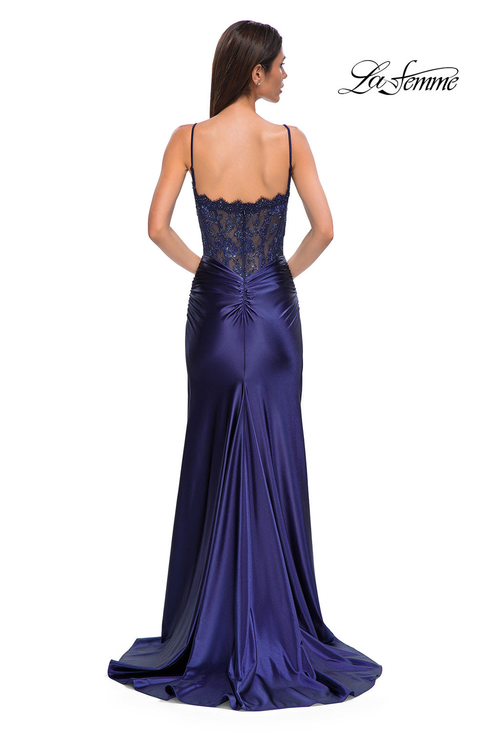 La Femme 32689 prom dress images.  La Femme 32689 is available in these colors: Bronze, Eggplant, Navy, Silver.