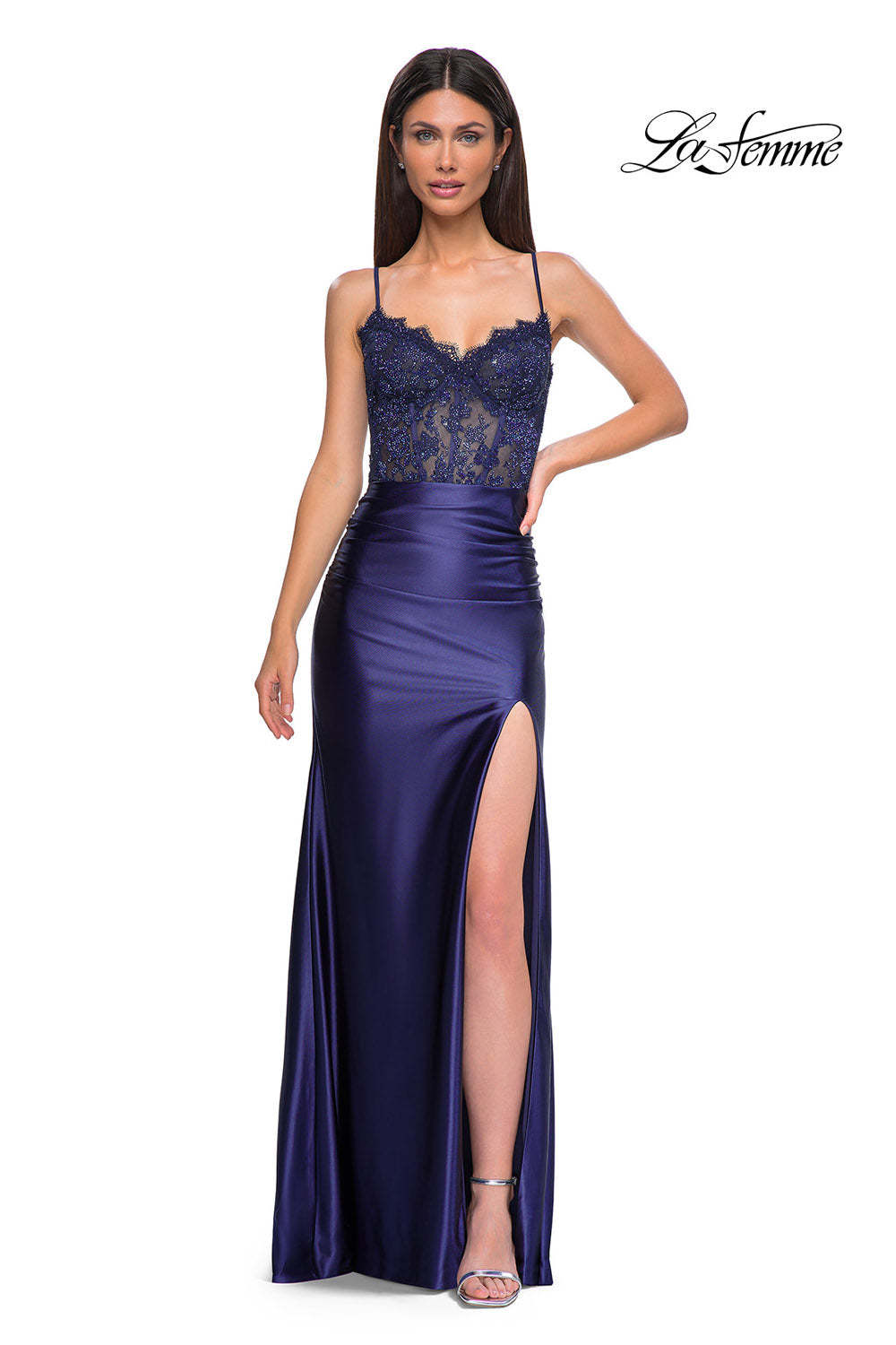 La Femme 32689 prom dress images.  La Femme 32689 is available in these colors: Bronze, Eggplant, Navy, Silver.