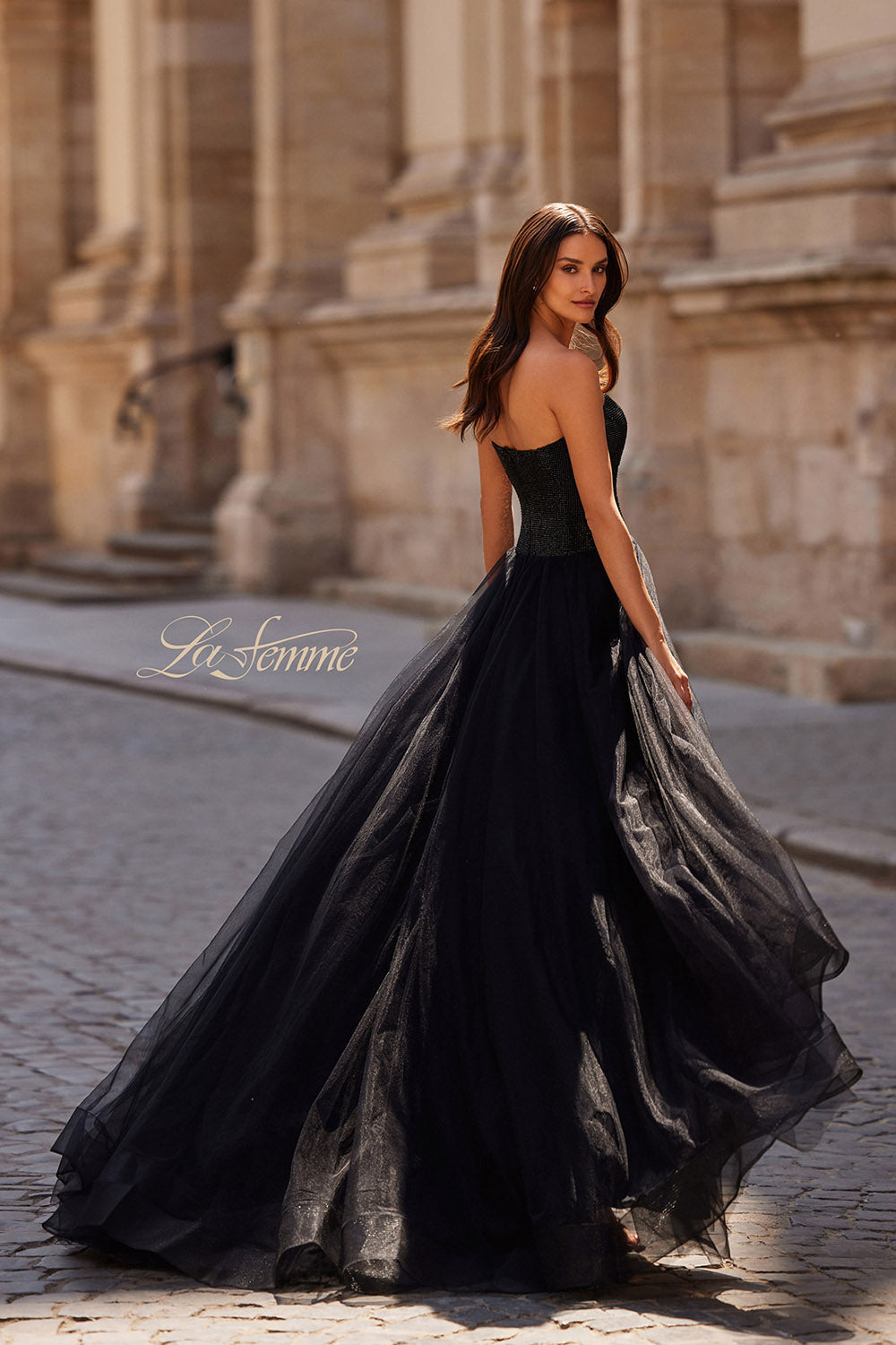 La Femme 32690 prom dress images.  La Femme 32690 is available in these colors: Black, Royal Blue.