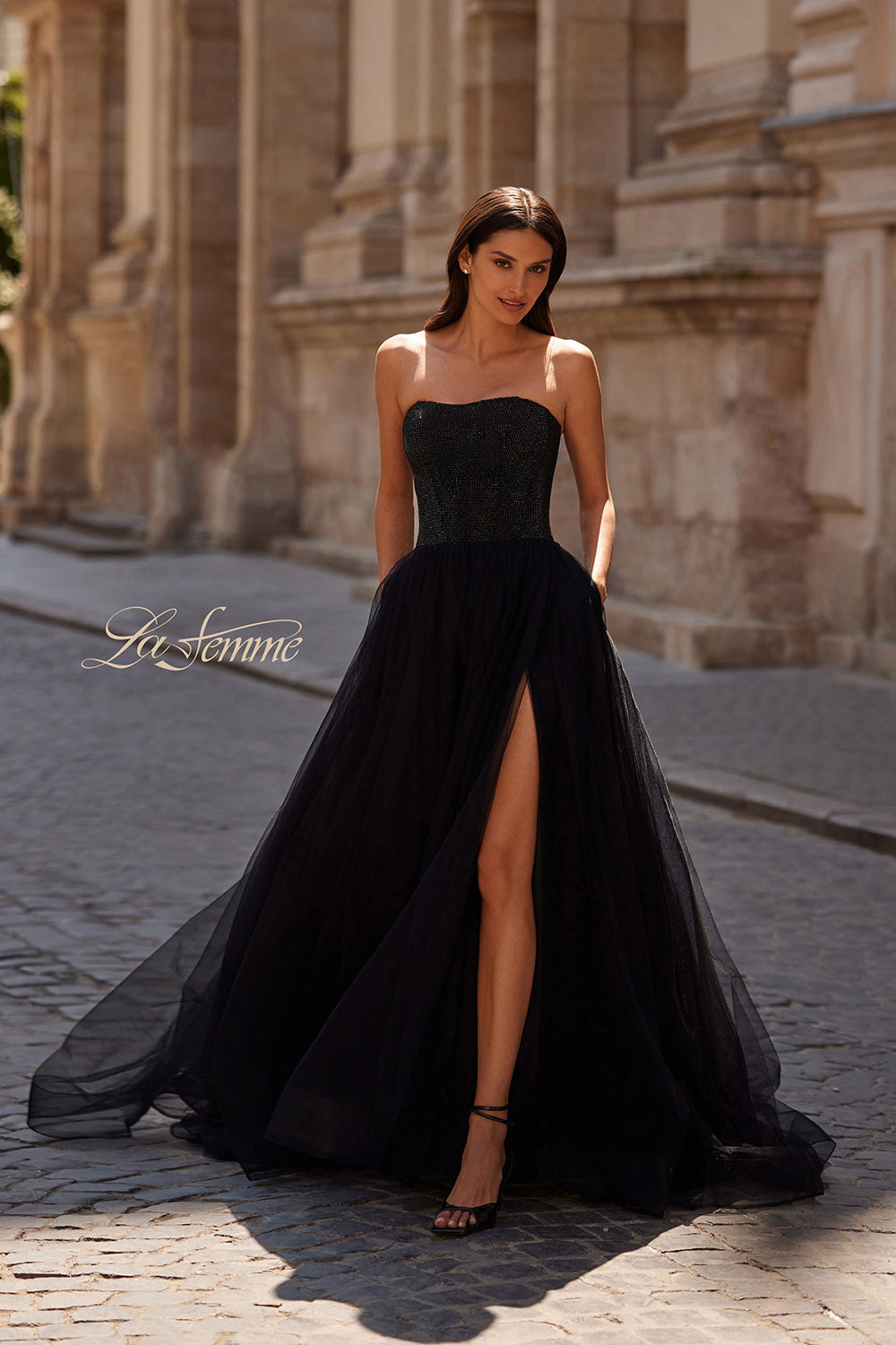 La Femme 32690 prom dress images.  La Femme 32690 is available in these colors: Black, Royal Blue.