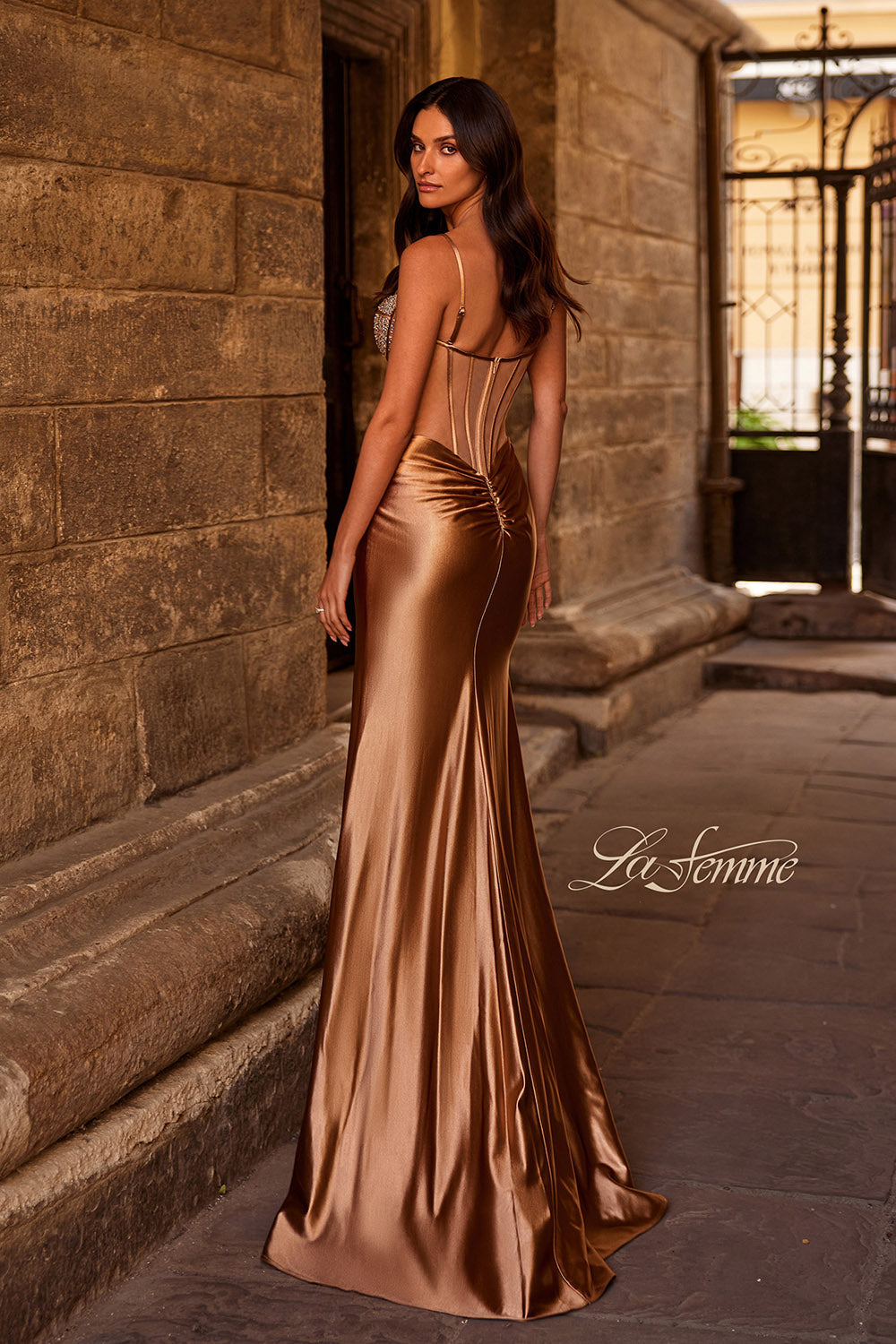 La Femme 32691 prom dress images.  La Femme 32691 is available in these colors: Bronze, Silver, White.