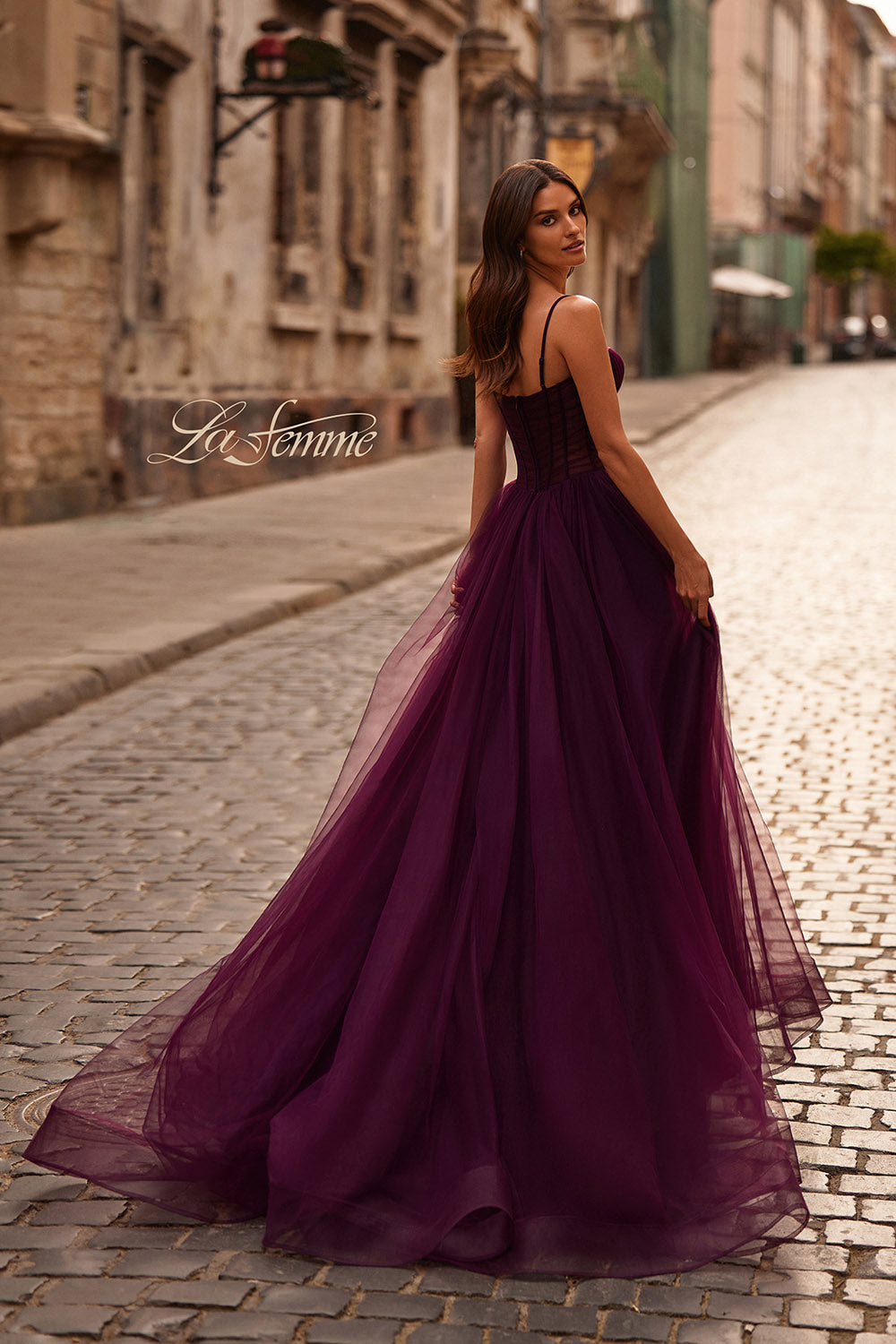 La Femme 32700 prom dress images.  La Femme 32700 is available in these colors: Black, Dark Berry, Royal Blue.