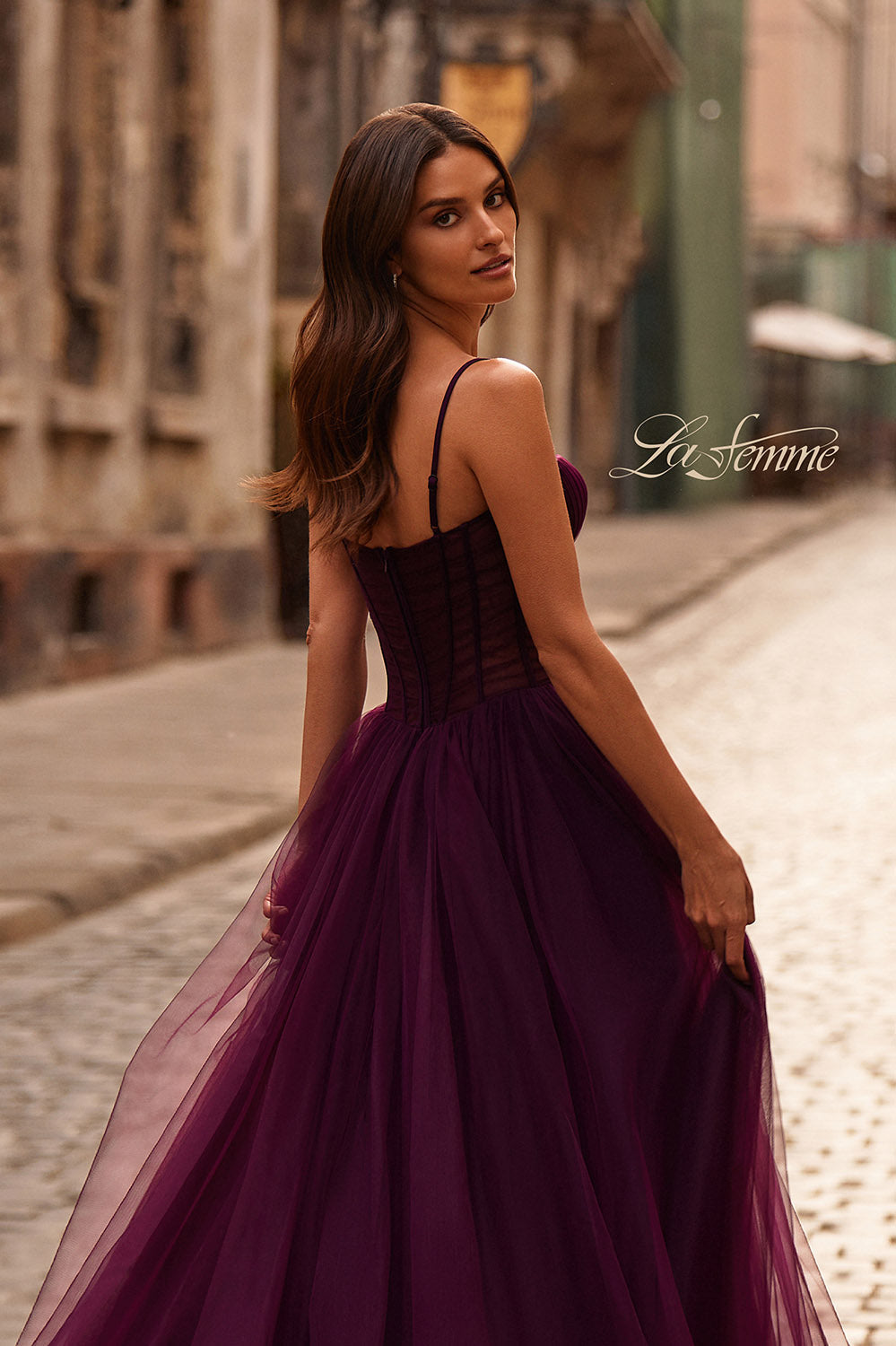 La Femme 32700 prom dress images.  La Femme 32700 is available in these colors: Black, Dark Berry, Royal Blue.