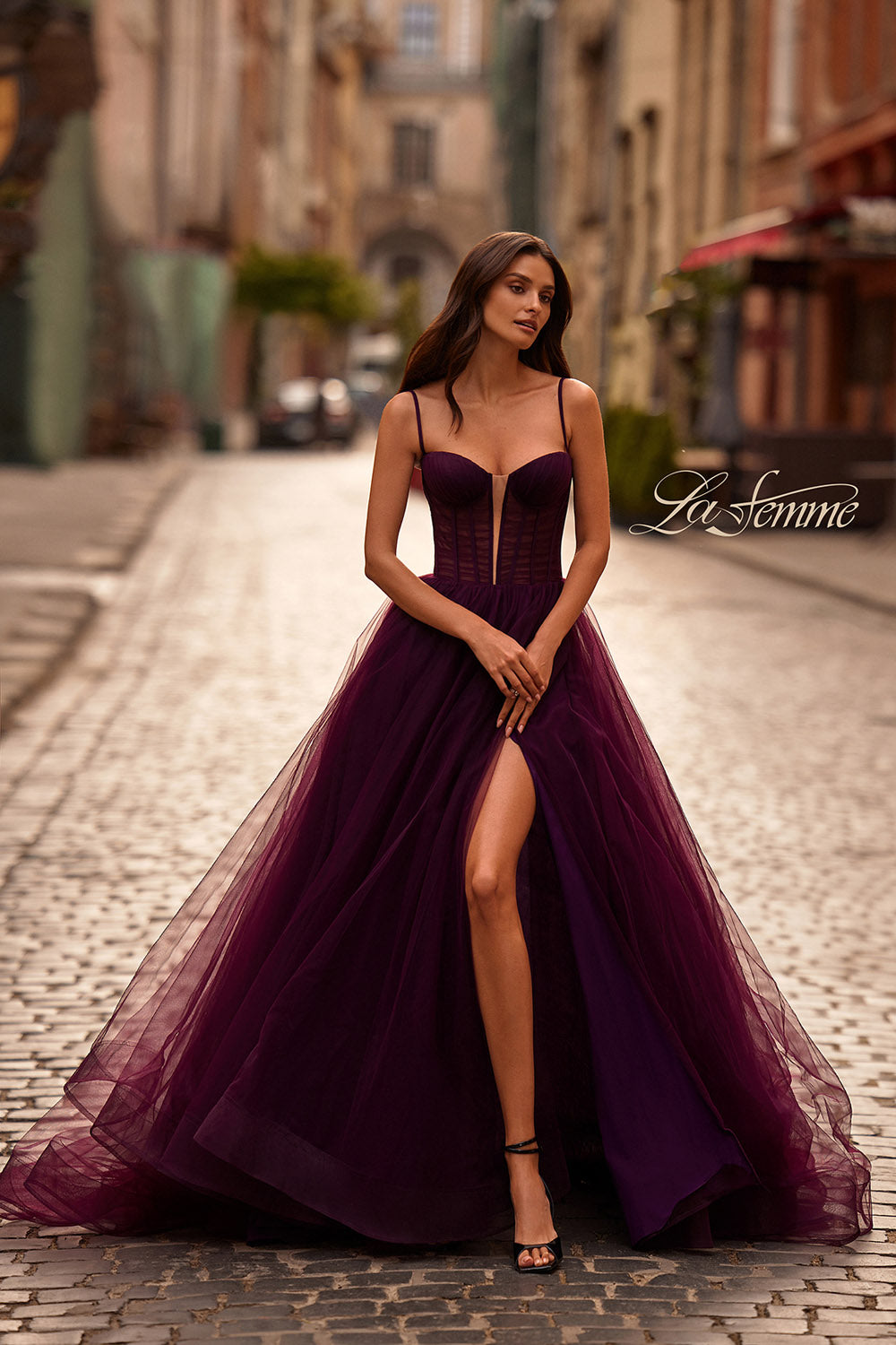 La Femme 32700 prom dress images.  La Femme 32700 is available in these colors: Black, Dark Berry, Royal Blue.