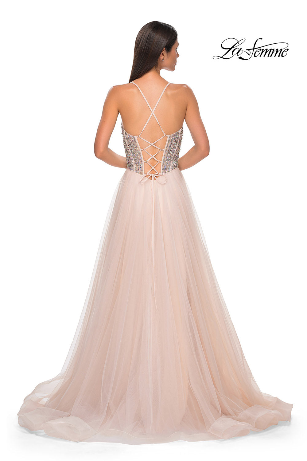 La Femme 32703 prom dress images.  La Femme 32703 is available in these colors: Blush, Light Periwinkle, Pale Yellow, Sage.