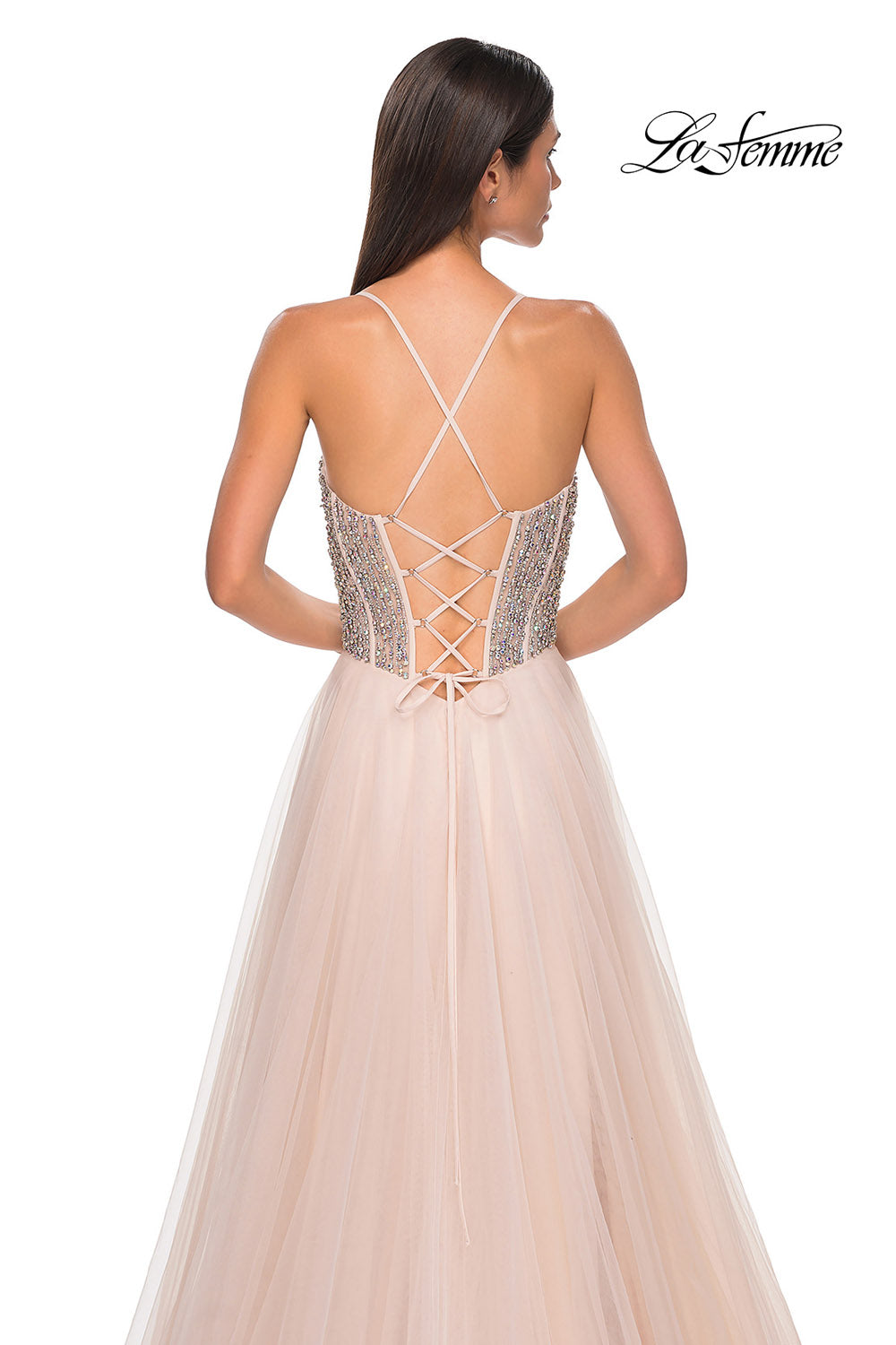 La Femme 32703 prom dress images.  La Femme 32703 is available in these colors: Blush, Light Periwinkle, Pale Yellow, Sage.