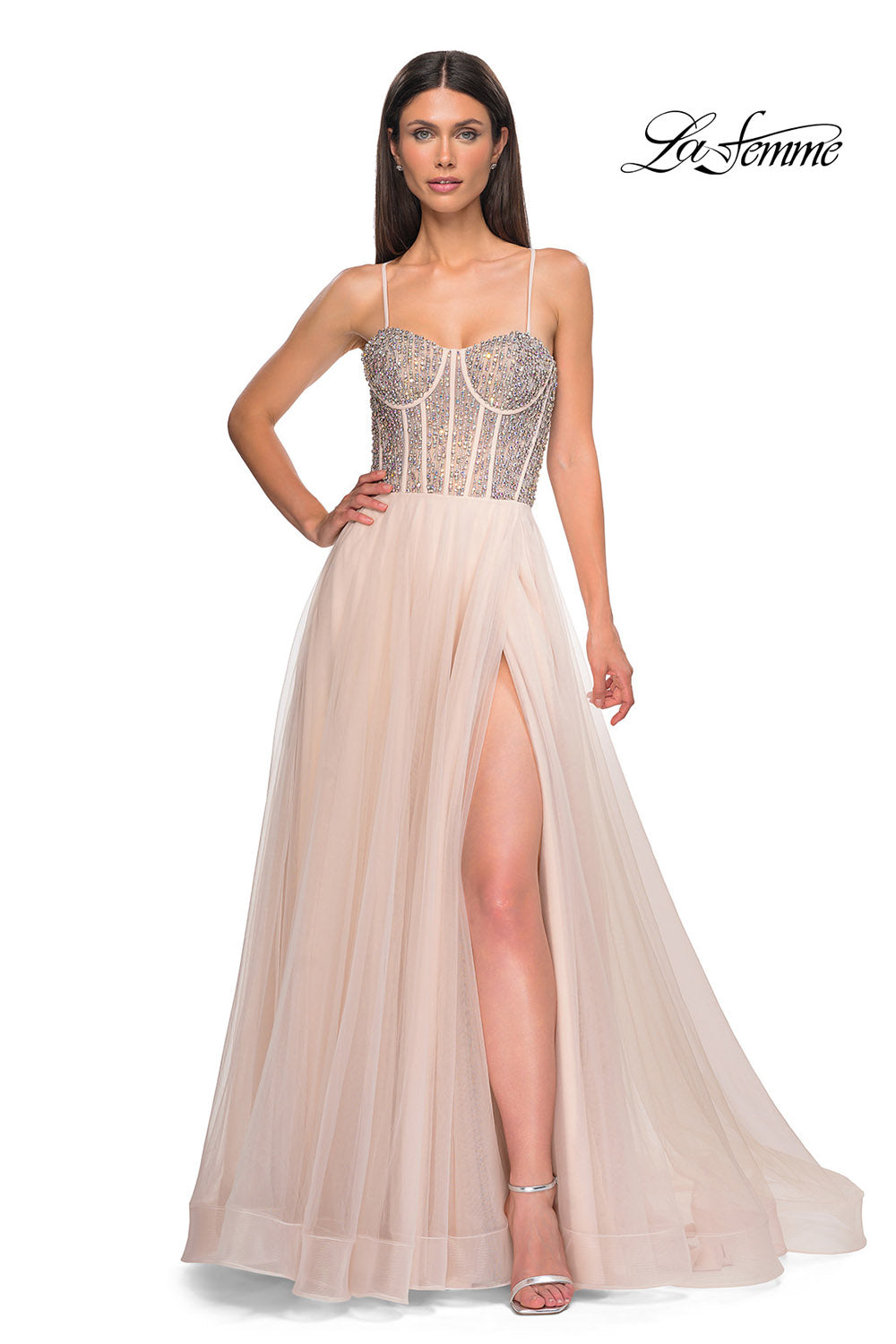 La Femme 32703 prom dress images.  La Femme 32703 is available in these colors: Blush, Light Periwinkle, Pale Yellow, Sage.