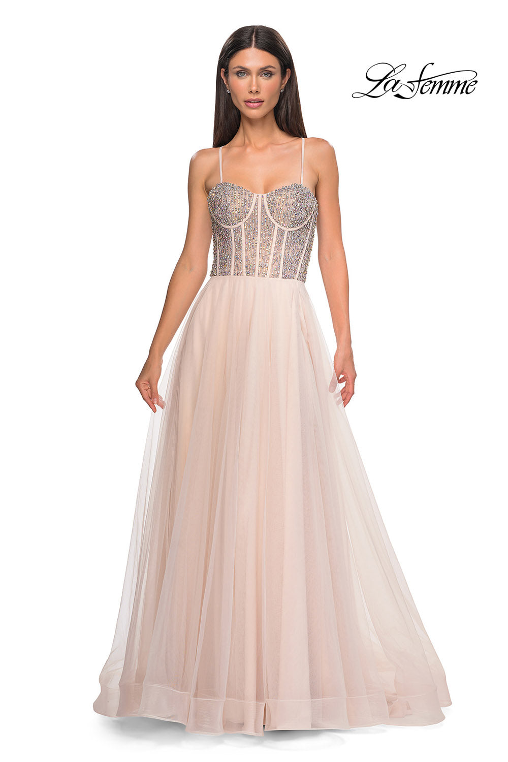 La Femme 32703 prom dress images.  La Femme 32703 is available in these colors: Blush, Light Periwinkle, Pale Yellow, Sage.