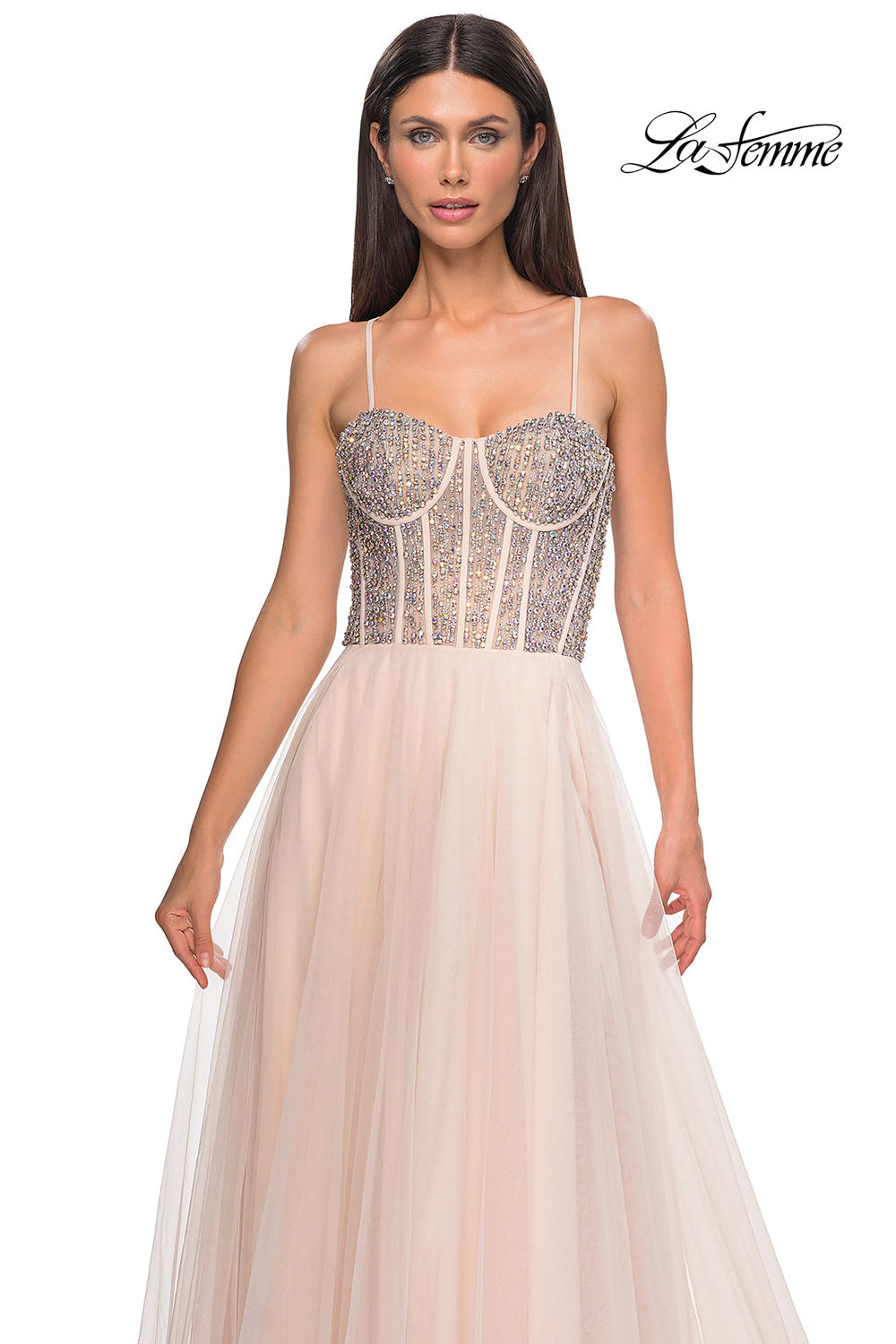 La Femme 32703 prom dress images.  La Femme 32703 is available in these colors: Blush, Light Periwinkle, Pale Yellow, Sage.