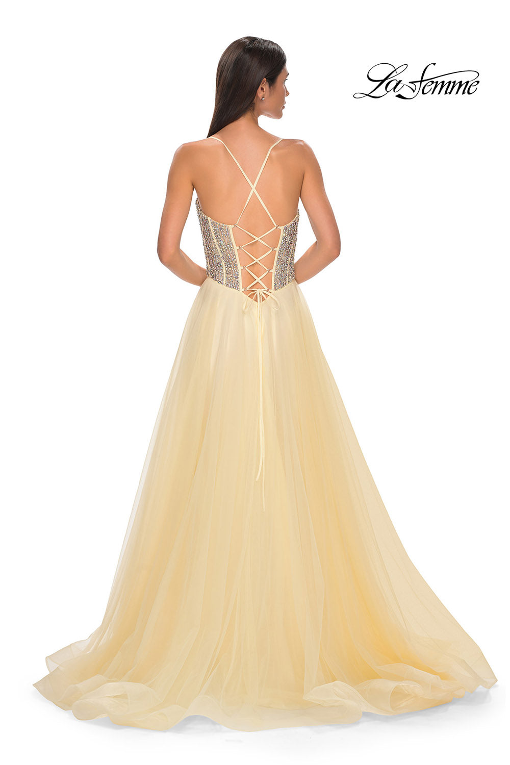 La Femme 32703 prom dress images.  La Femme 32703 is available in these colors: Blush, Light Periwinkle, Pale Yellow, Sage.