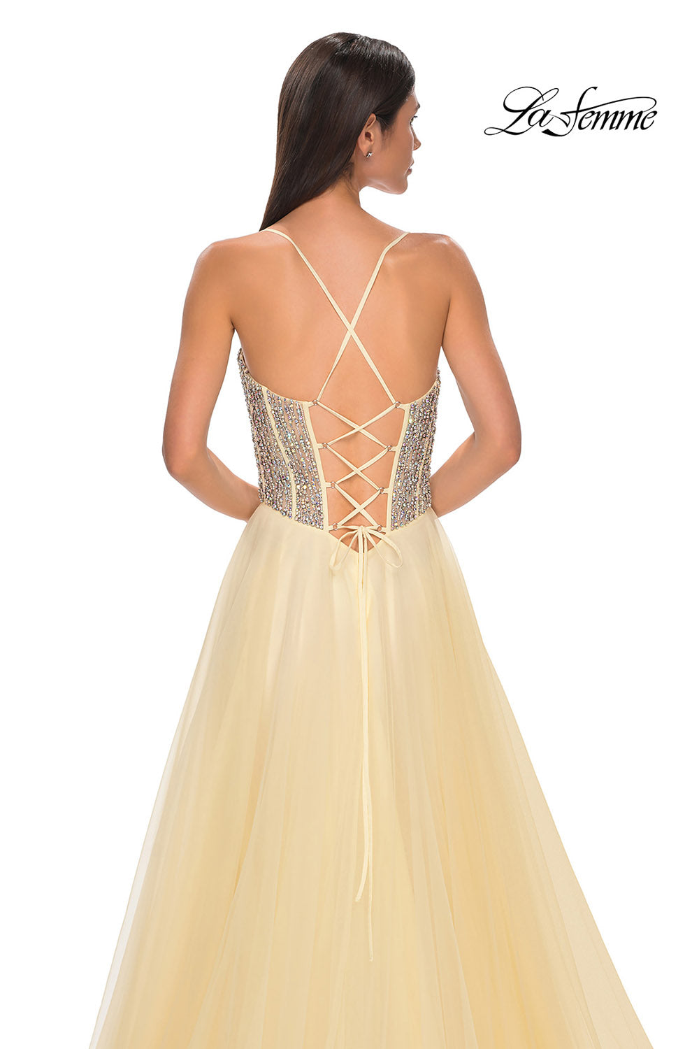 La Femme 32703 prom dress images.  La Femme 32703 is available in these colors: Blush, Light Periwinkle, Pale Yellow, Sage.