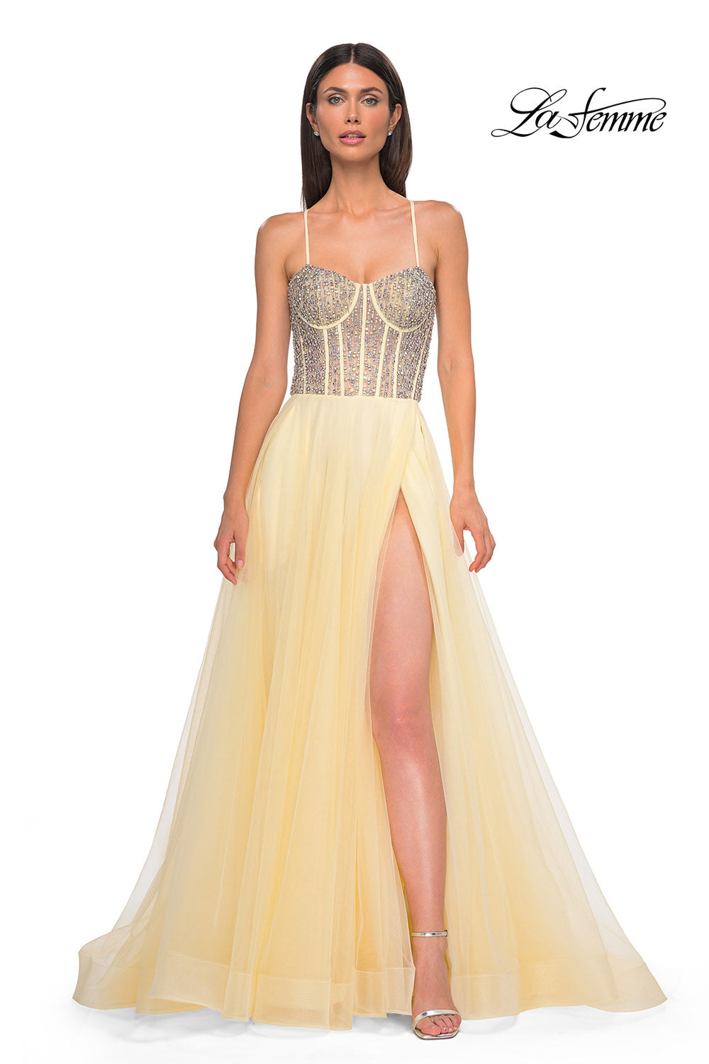 La Femme 32703 prom dress images.  La Femme 32703 is available in these colors: Blush, Light Periwinkle, Pale Yellow, Sage.