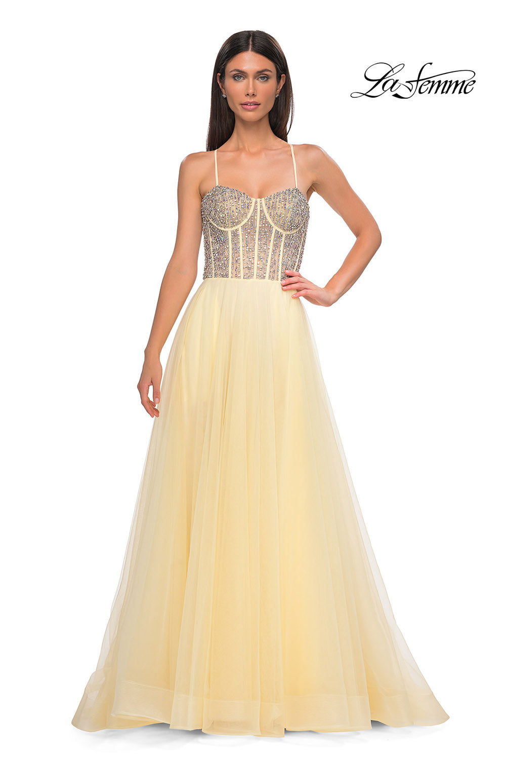 La Femme 32703 prom dress images.  La Femme 32703 is available in these colors: Blush, Light Periwinkle, Pale Yellow, Sage.