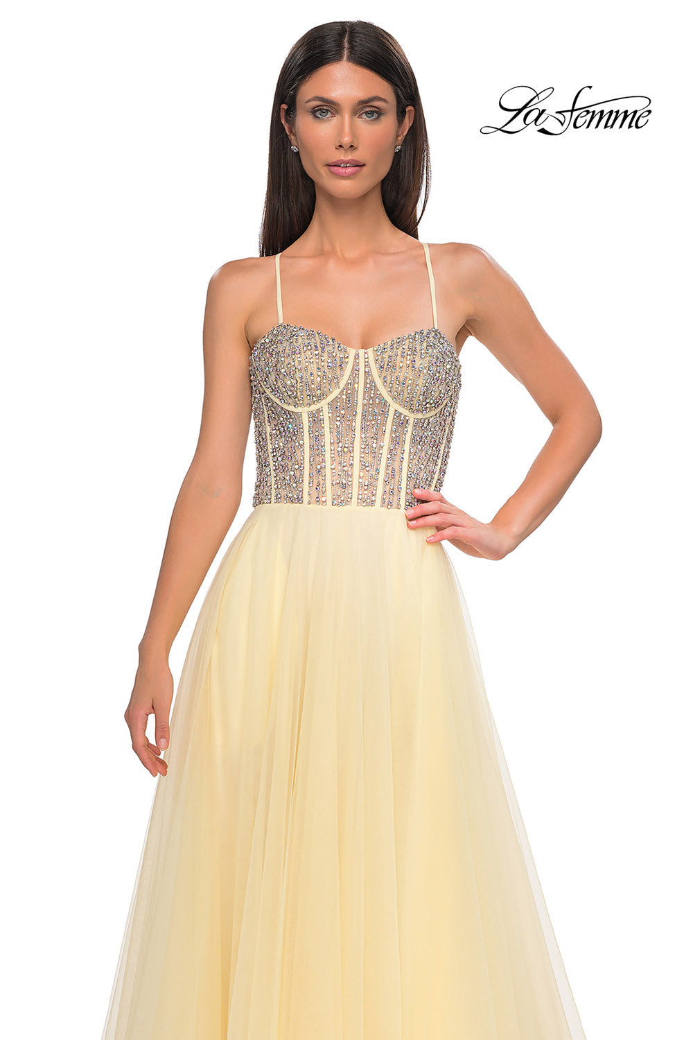 La Femme 32703 prom dress images.  La Femme 32703 is available in these colors: Blush, Light Periwinkle, Pale Yellow, Sage.