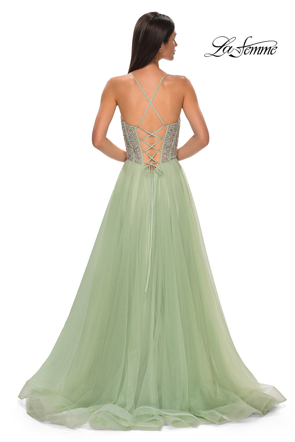 La Femme 32703 prom dress images.  La Femme 32703 is available in these colors: Blush, Light Periwinkle, Pale Yellow, Sage.