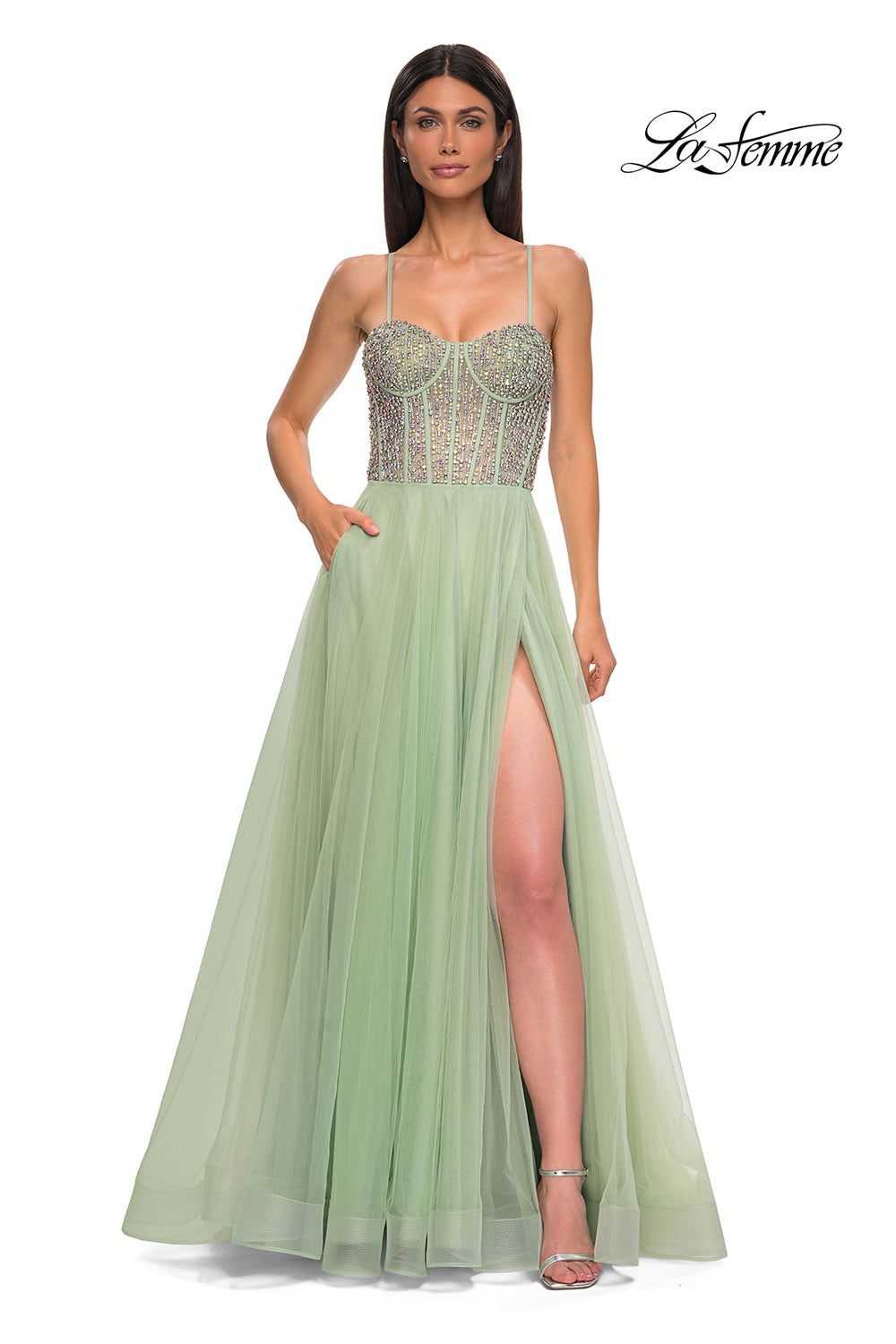 La Femme 32703 prom dress images.  La Femme 32703 is available in these colors: Blush, Light Periwinkle, Pale Yellow, Sage.