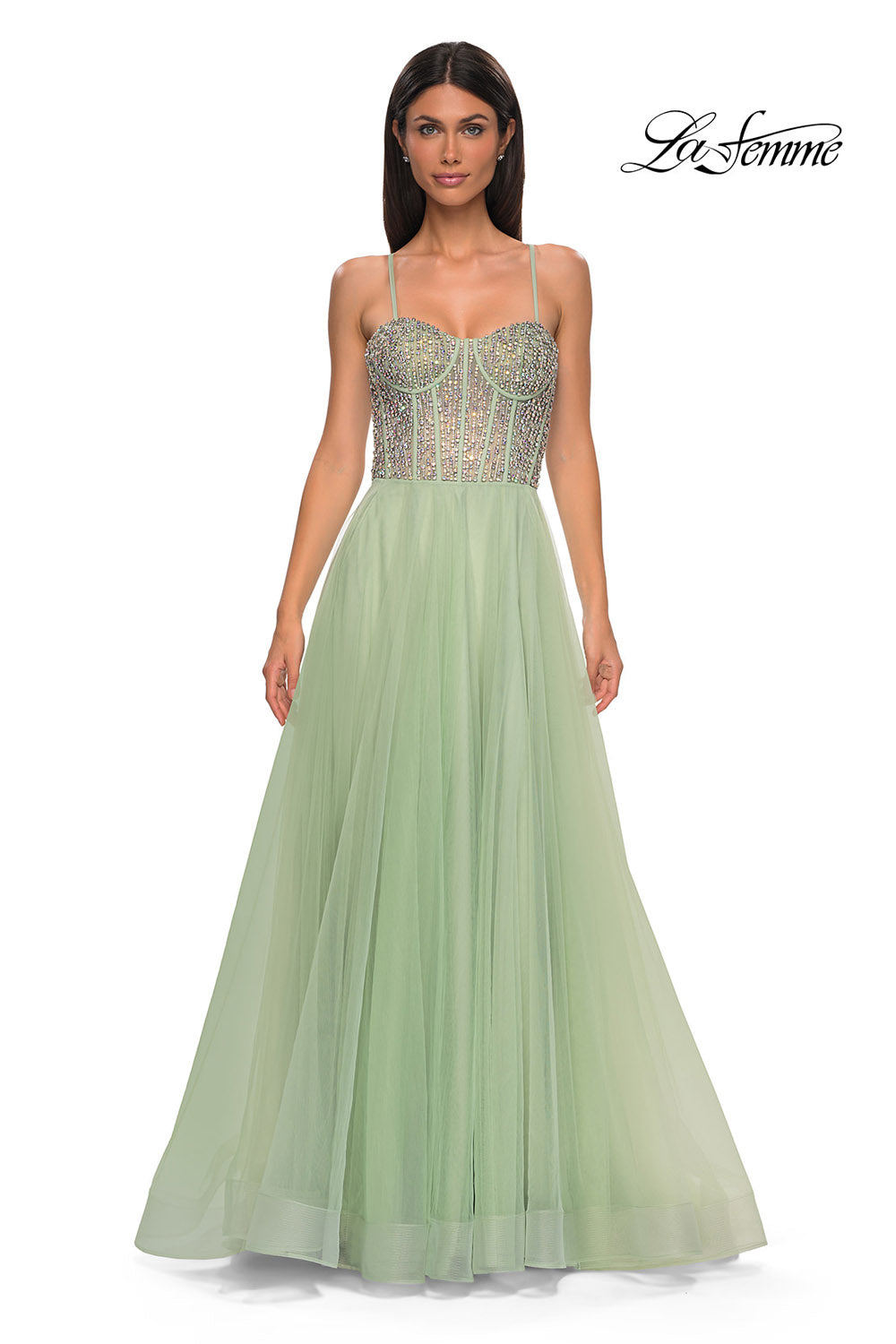 La Femme 32703 prom dress images.  La Femme 32703 is available in these colors: Blush, Light Periwinkle, Pale Yellow, Sage.