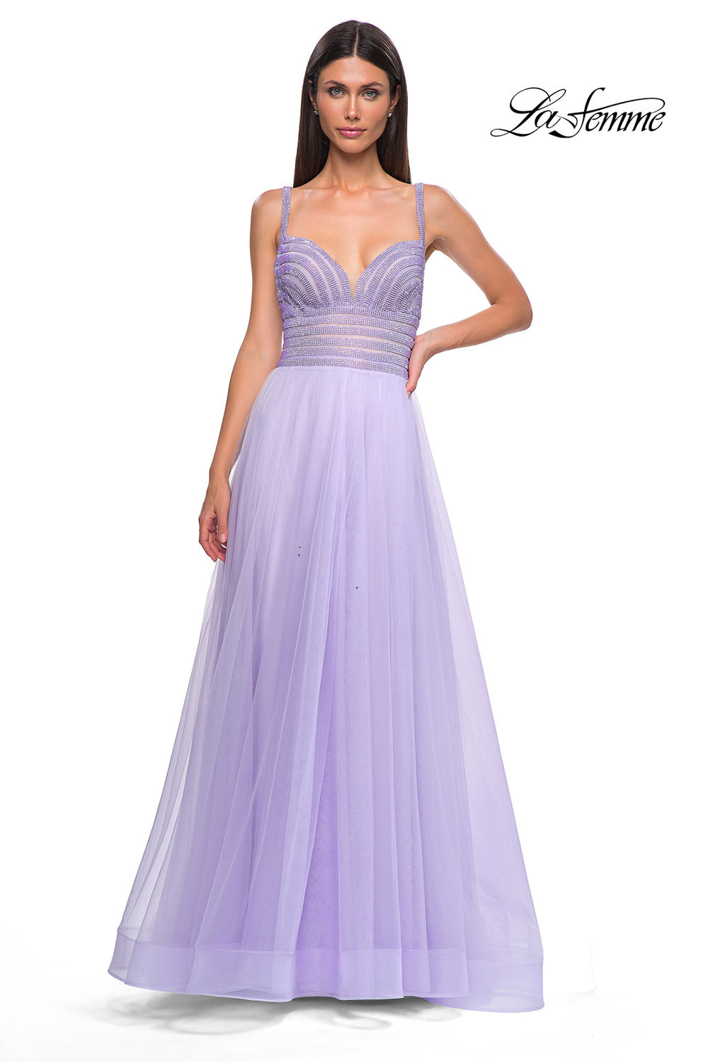 La Femme 32714 prom dress images.  La Femme 32714 is available in these colors: Light Periwinkle, Royal Blue.