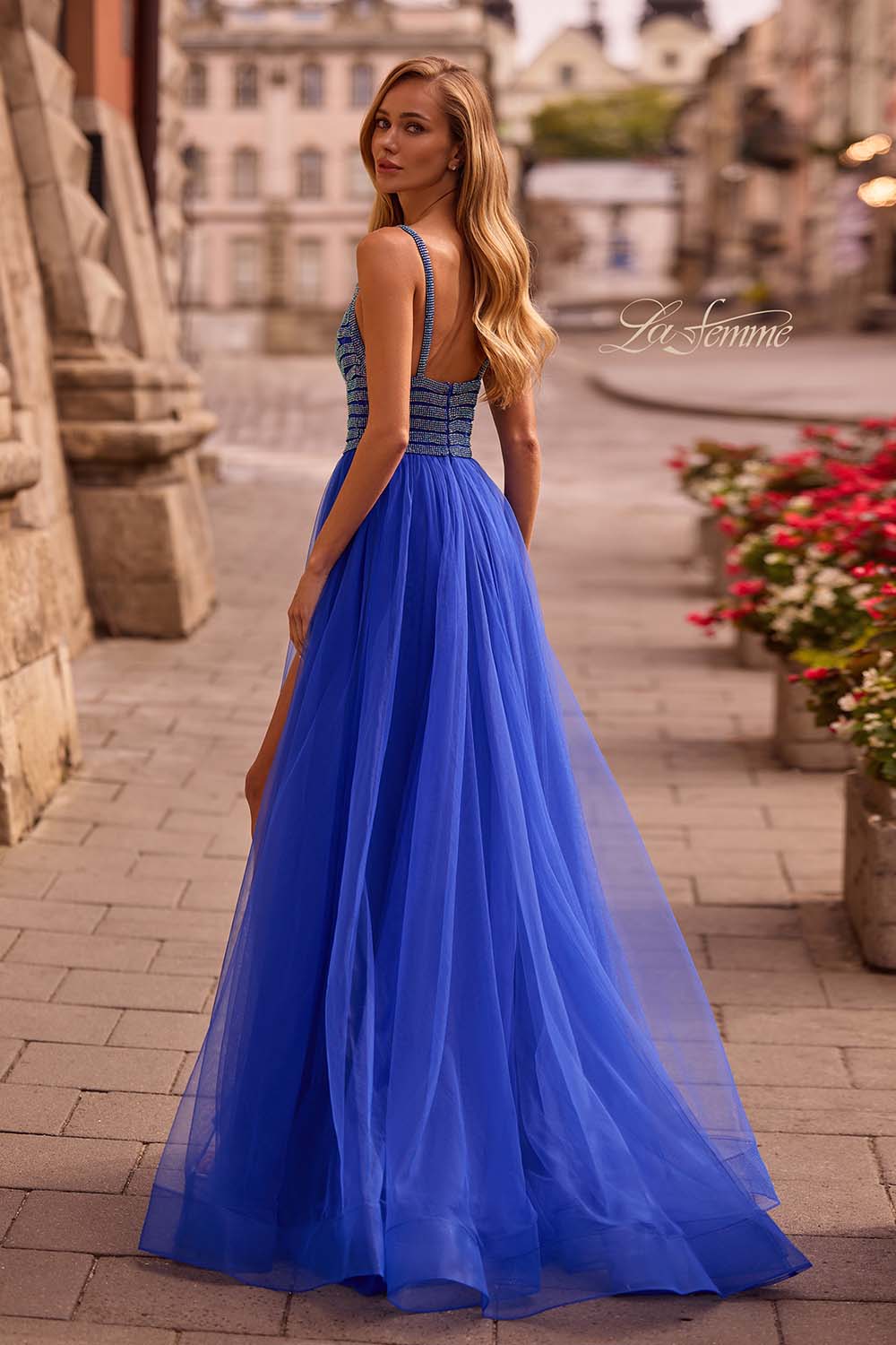 La Femme 32714 prom dress images.  La Femme 32714 is available in these colors: Light Periwinkle, Royal Blue.