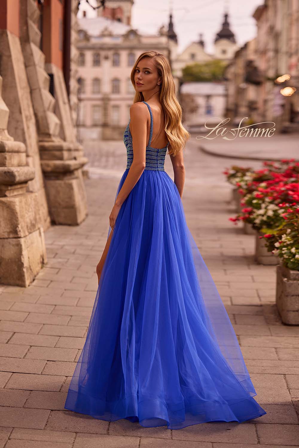 La Femme 32714 prom dress images.  La Femme 32714 is available in these colors: Light Periwinkle, Royal Blue.