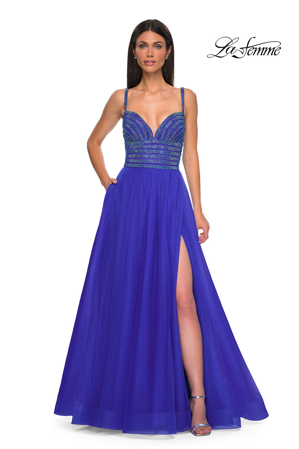 La Femme 32714 prom dress images.  La Femme 32714 is available in these colors: Light Periwinkle, Royal Blue.