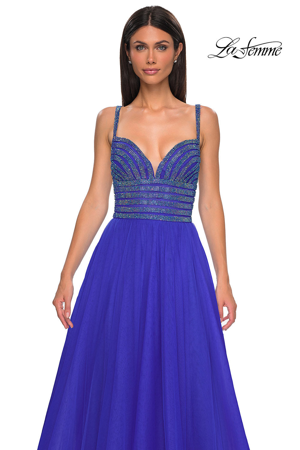 La Femme 32714 prom dress images.  La Femme 32714 is available in these colors: Light Periwinkle, Royal Blue.