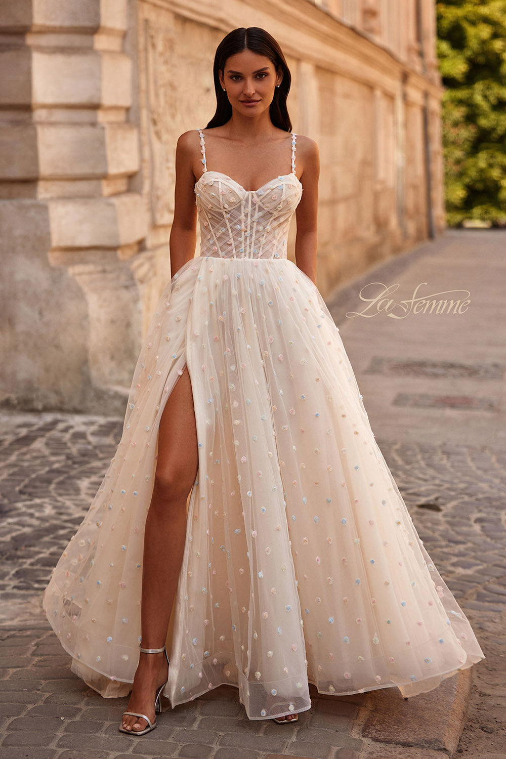 La Femme 32716 prom dress images.  La Femme 32716 is available in these colors: Cream, Light Blue, Light Periwinkle.