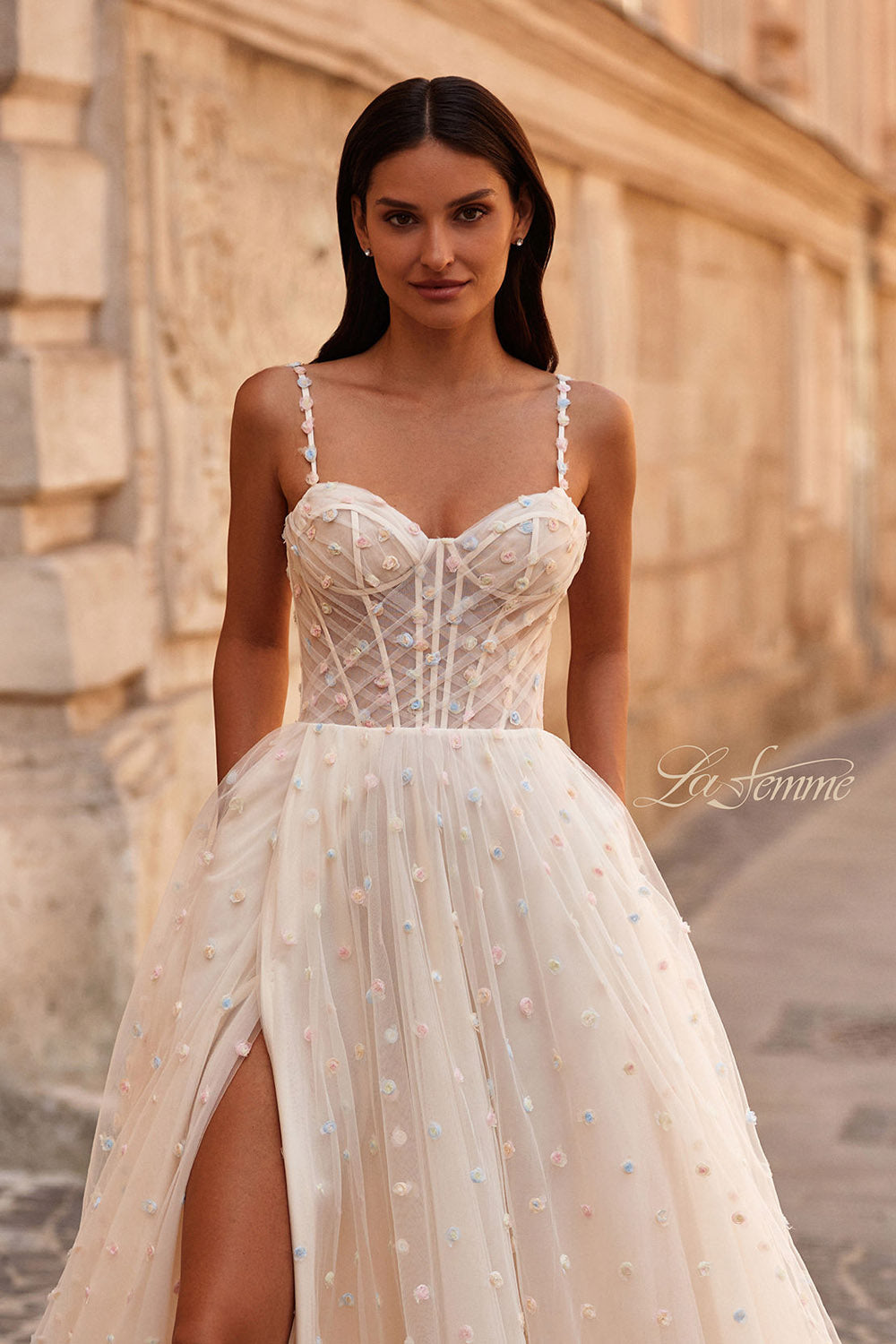 La Femme 32716 prom dress images.  La Femme 32716 is available in these colors: Cream, Light Blue, Light Periwinkle.