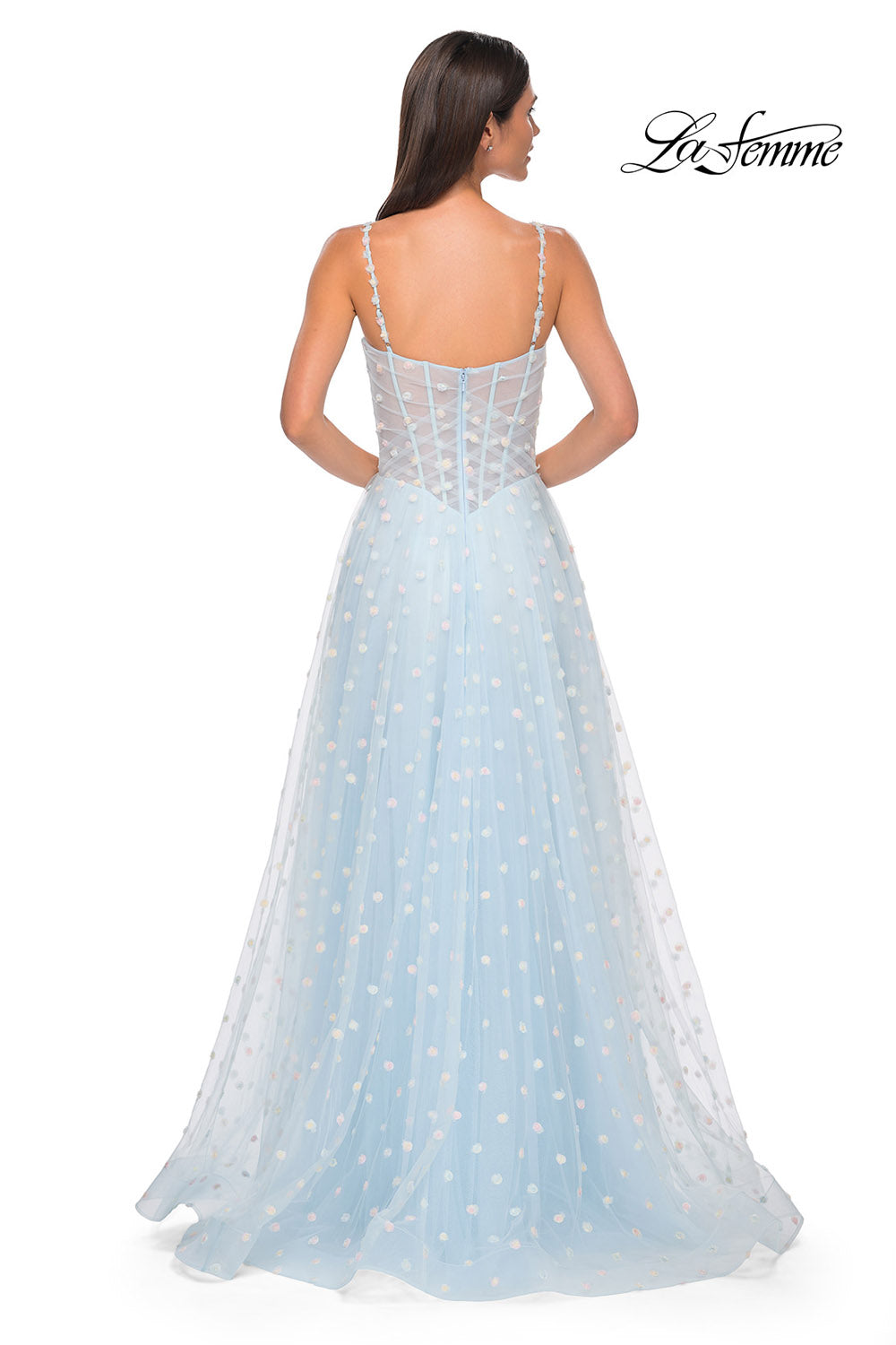 La Femme 32716 prom dress images.  La Femme 32716 is available in these colors: Cream, Light Blue, Light Periwinkle.