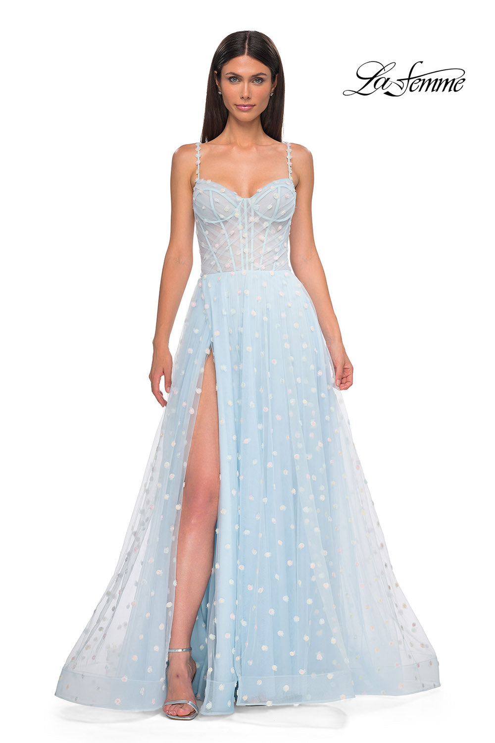 La Femme 32716 prom dress images.  La Femme 32716 is available in these colors: Cream, Light Blue, Light Periwinkle.