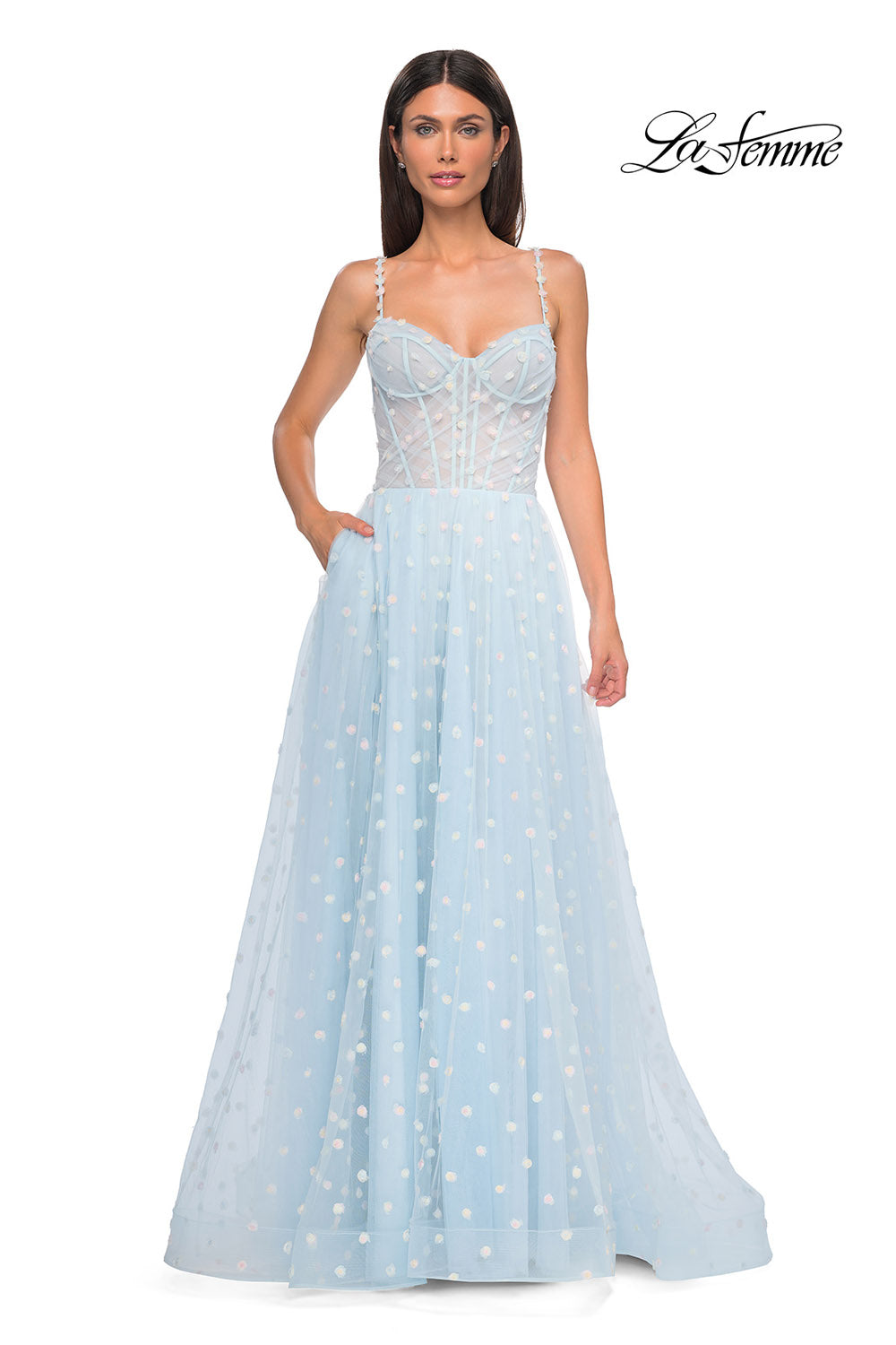 La Femme 32716 prom dress images.  La Femme 32716 is available in these colors: Cream, Light Blue, Light Periwinkle.