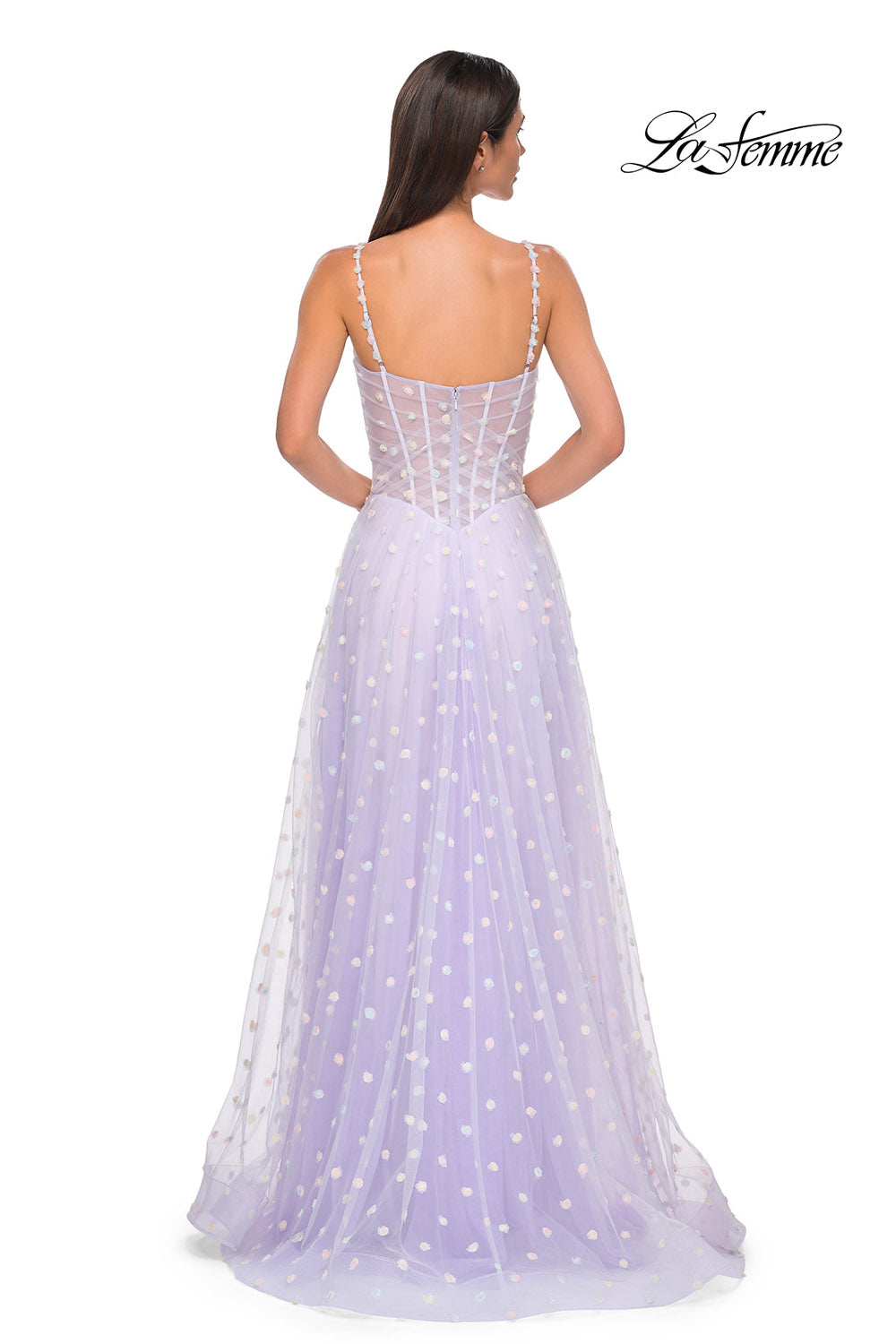 La Femme 32716 prom dress images.  La Femme 32716 is available in these colors: Cream, Light Blue, Light Periwinkle.