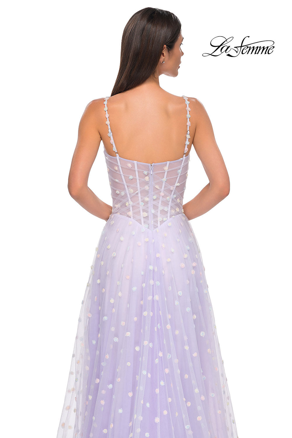 La Femme 32716 prom dress images.  La Femme 32716 is available in these colors: Cream, Light Blue, Light Periwinkle.