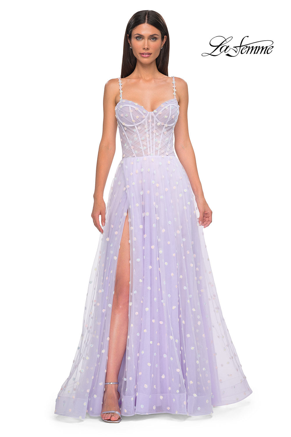 La Femme 32716 prom dress images.  La Femme 32716 is available in these colors: Cream, Light Blue, Light Periwinkle.