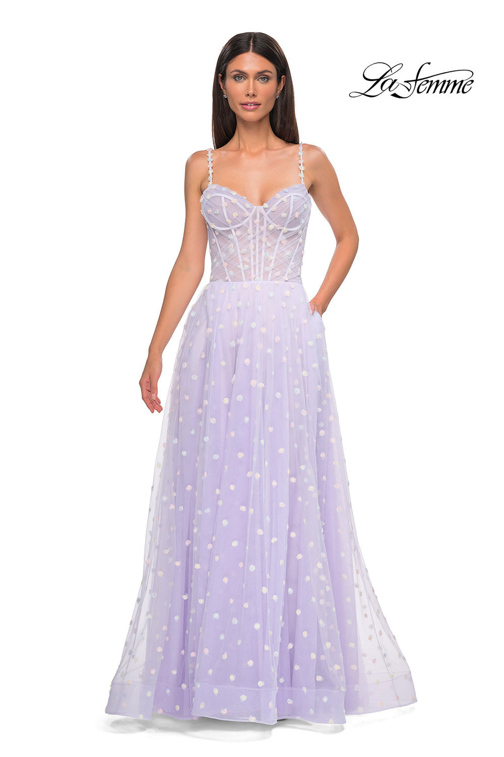 La Femme 32716 prom dress images.  La Femme 32716 is available in these colors: Cream, Light Blue, Light Periwinkle.